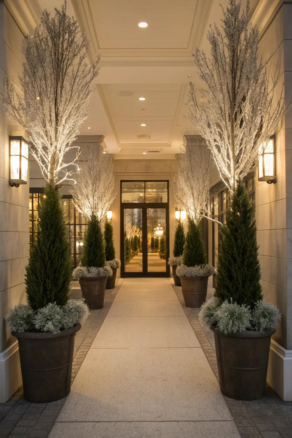 Tall outdoor Christmas planters with slim evergreens and lights framing a double-door entryway at twilight.