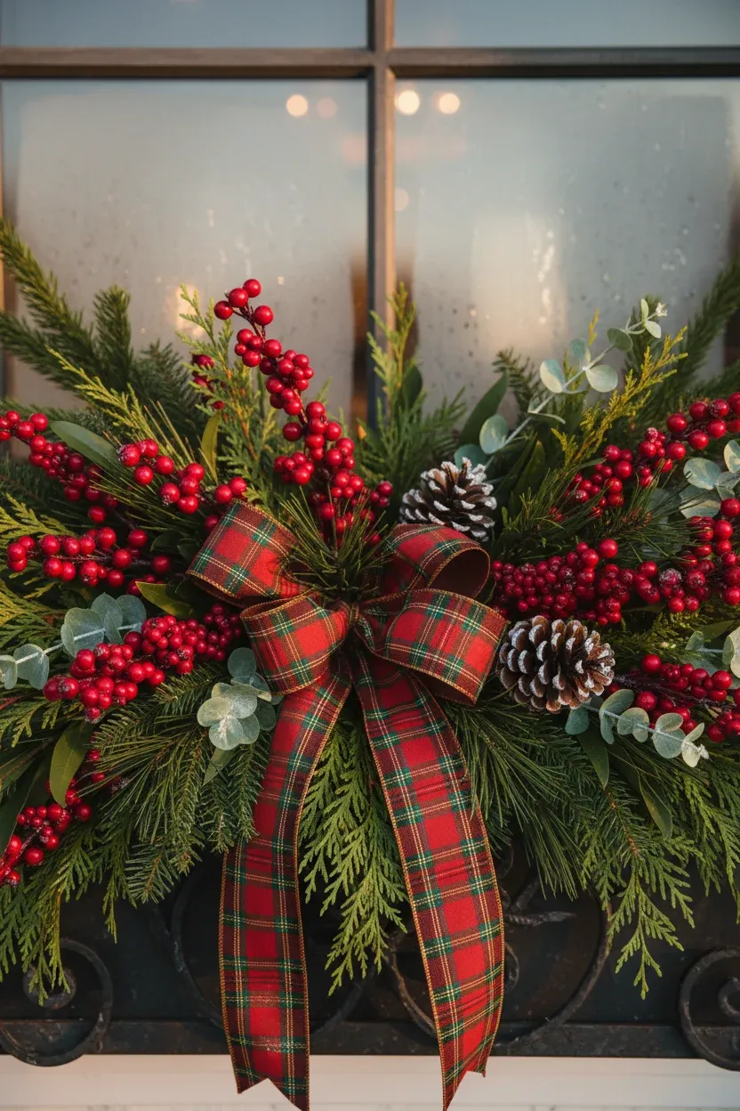 Festive window box with pine, cedar, red berries, and plaid ribbon under soft winter lighting.