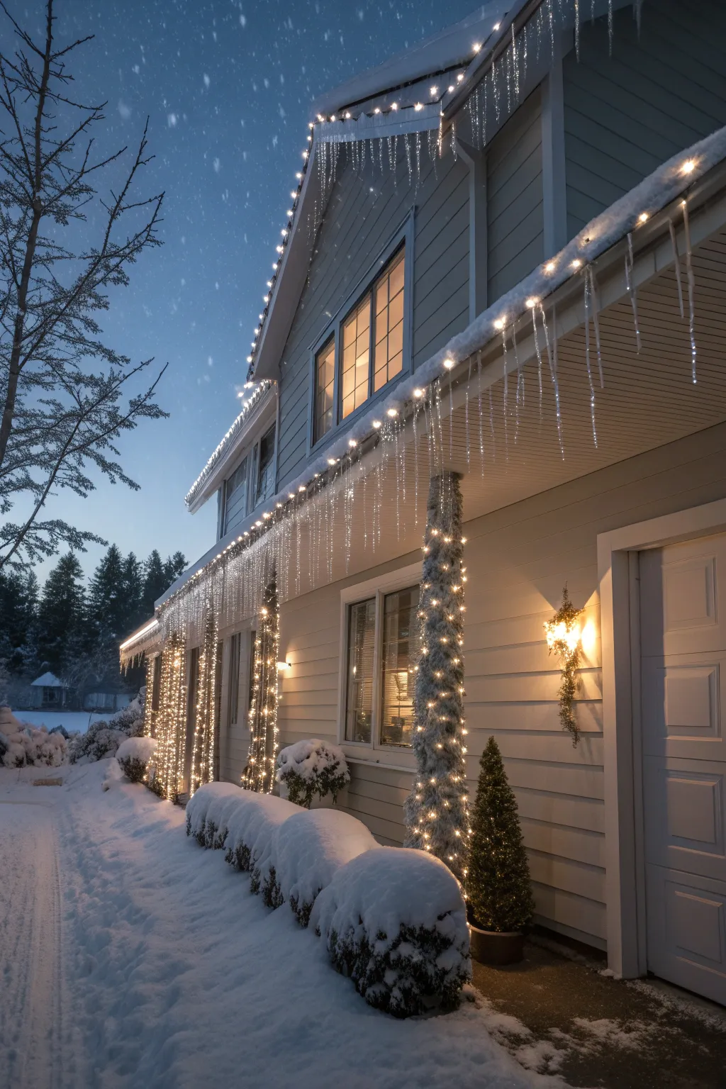Cool-white icicle lights hanging from a snowy home's eaves, glowing softly on a winter night.