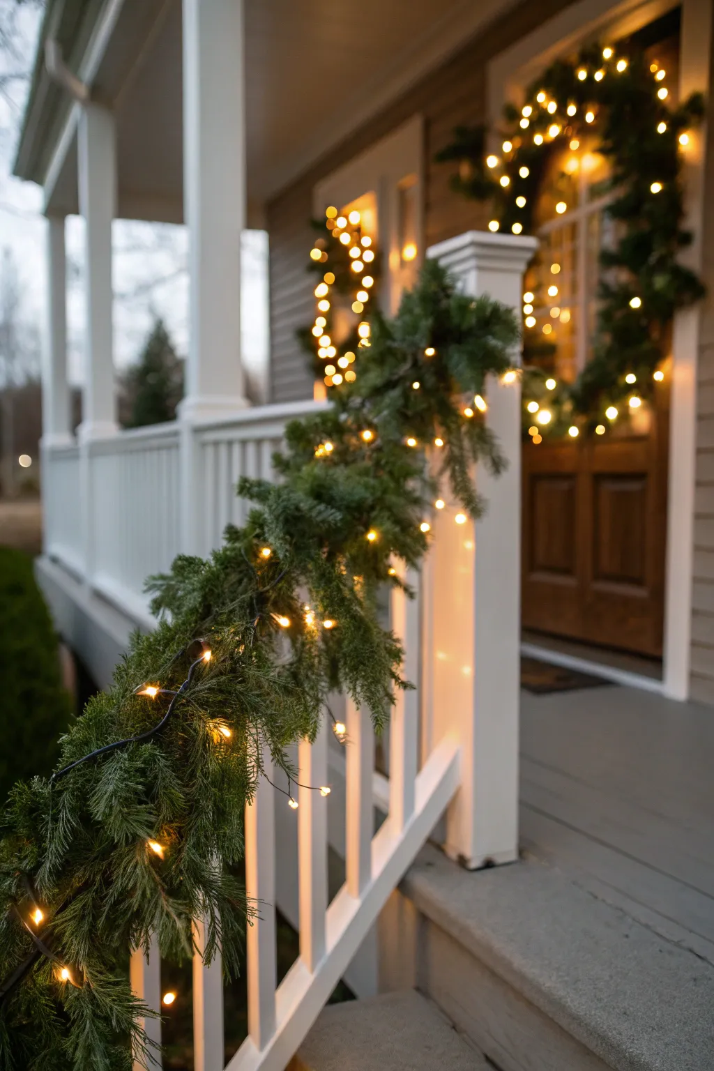Evergreen garland woven with twinkling mini lights glowing softly along a porch railing and doorway.