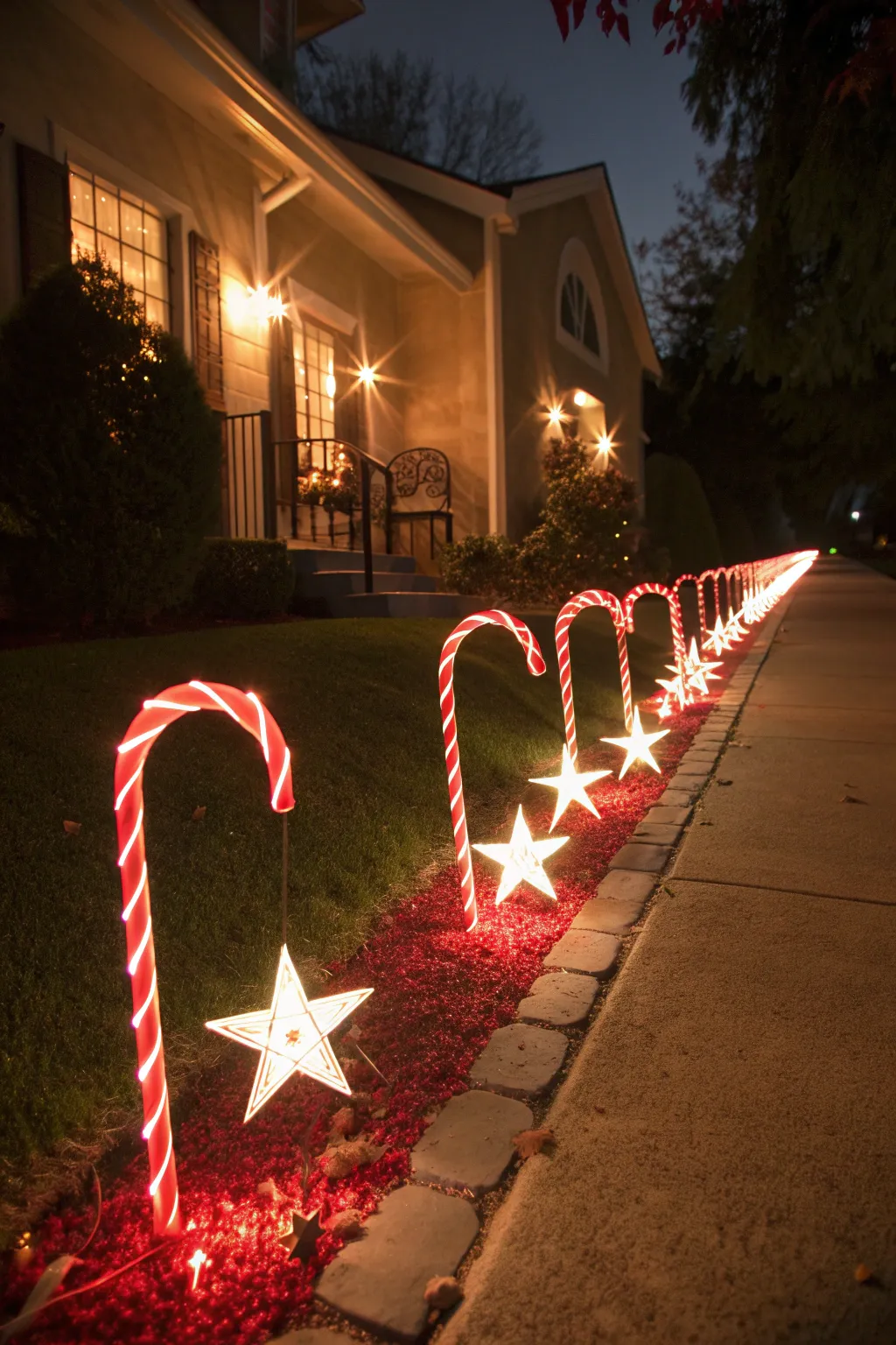 Holiday walkway lined with glowing candy cane and star-shaped LED pathway lights leading to a bright front porch.