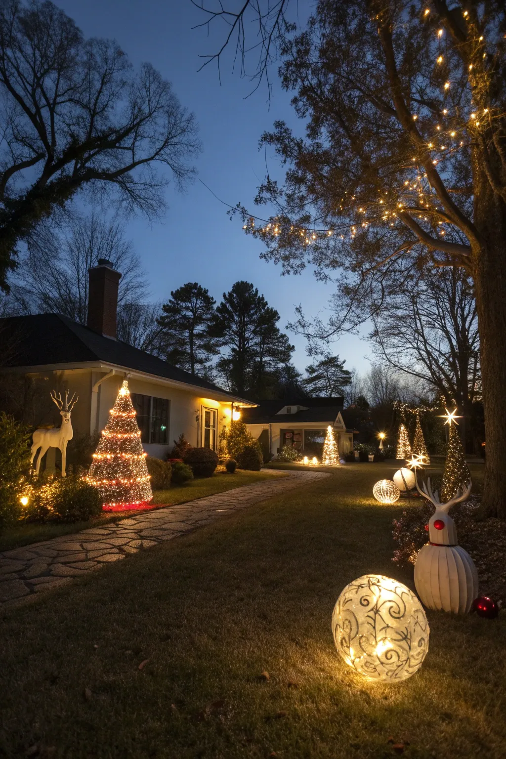 Yard at night illuminated by spotlights emphasizing holiday decorations and ornaments under a calm sky.