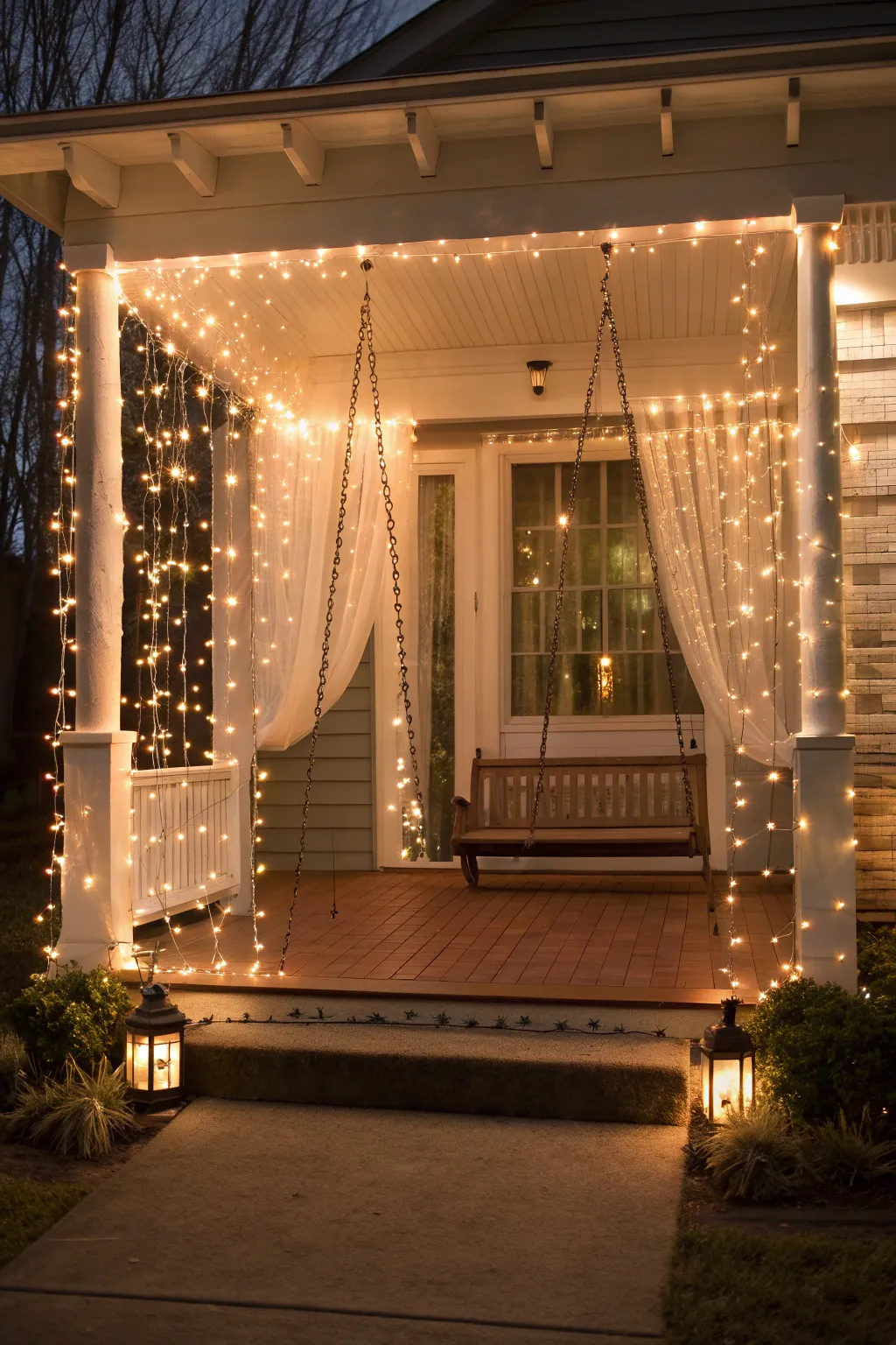 Curtain lights cascading behind a front porch swing and framing the entryway with a soft, golden glow.