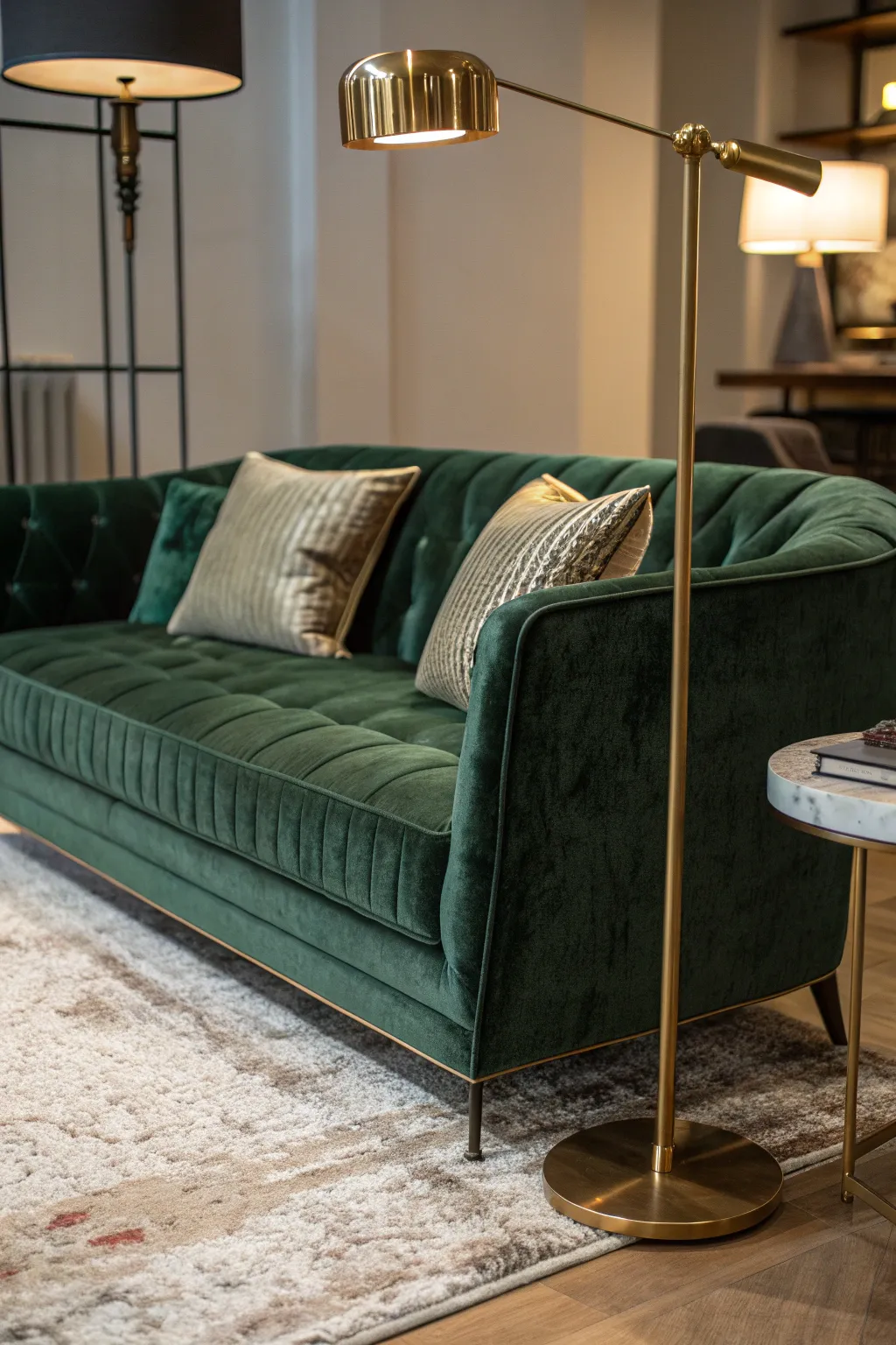 Dark green velvet sofa with a brass floor lamp in a stylish, modern interior