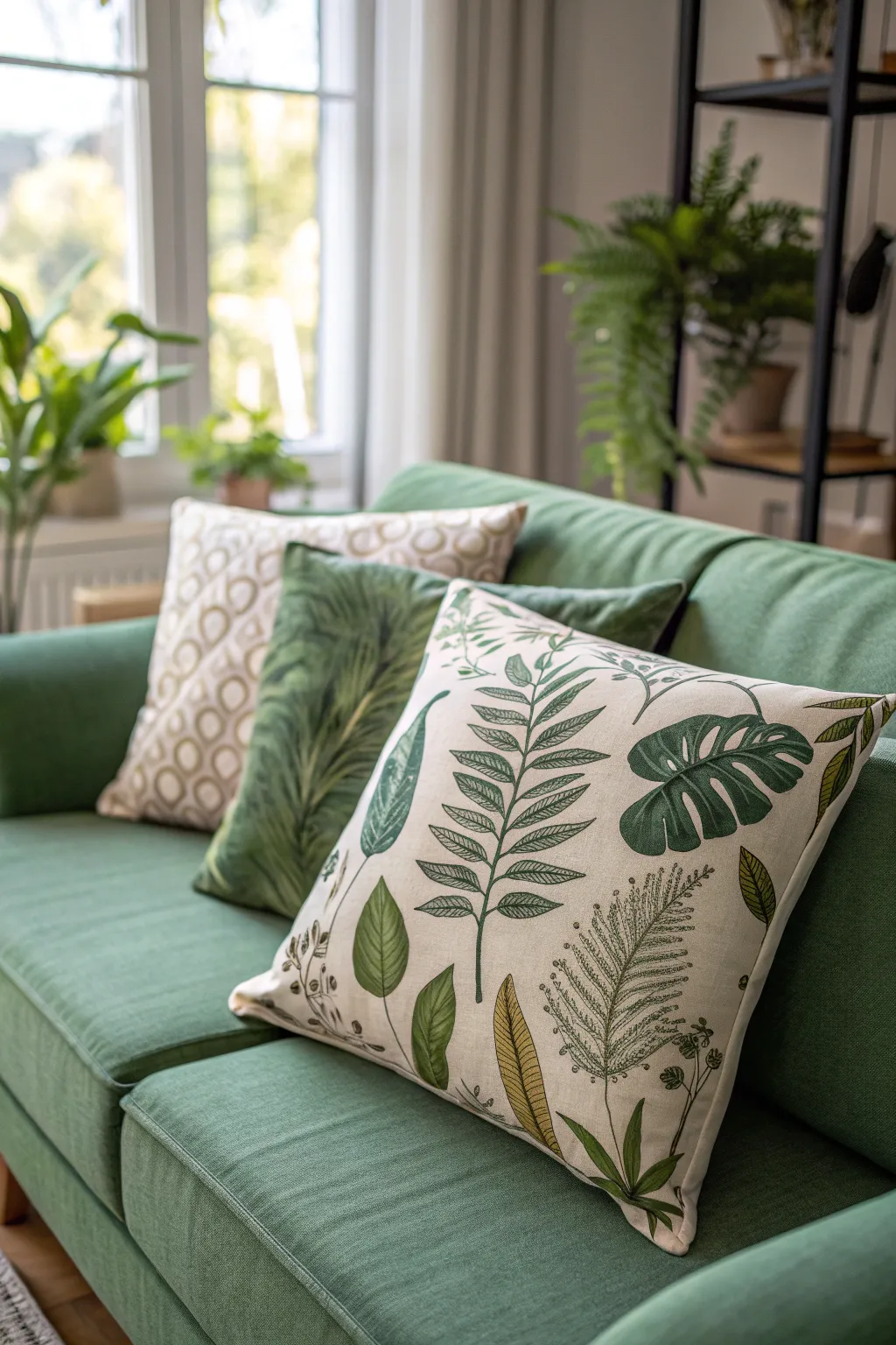 Green couch with botanical print pillows in a soft, natural-toned living room