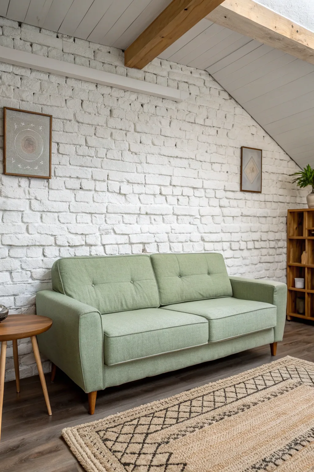 Sage green sofa in front of a white brick wall with wood and ceramic decor accents