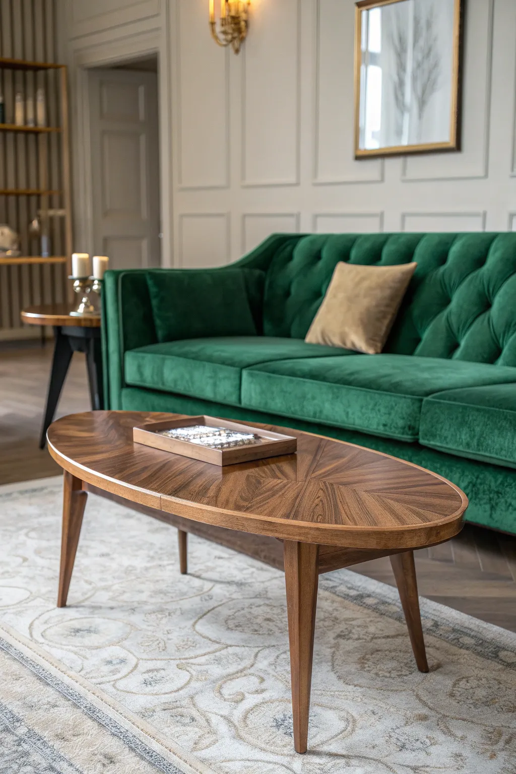 Emerald velvet sofa with a mid-century wooden coffee table and vintage accents