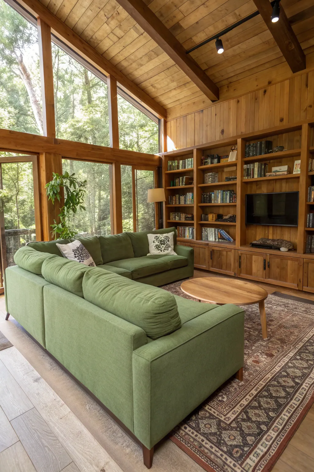Green sectional surrounded by wood furniture and indoor plants in a cozy living room