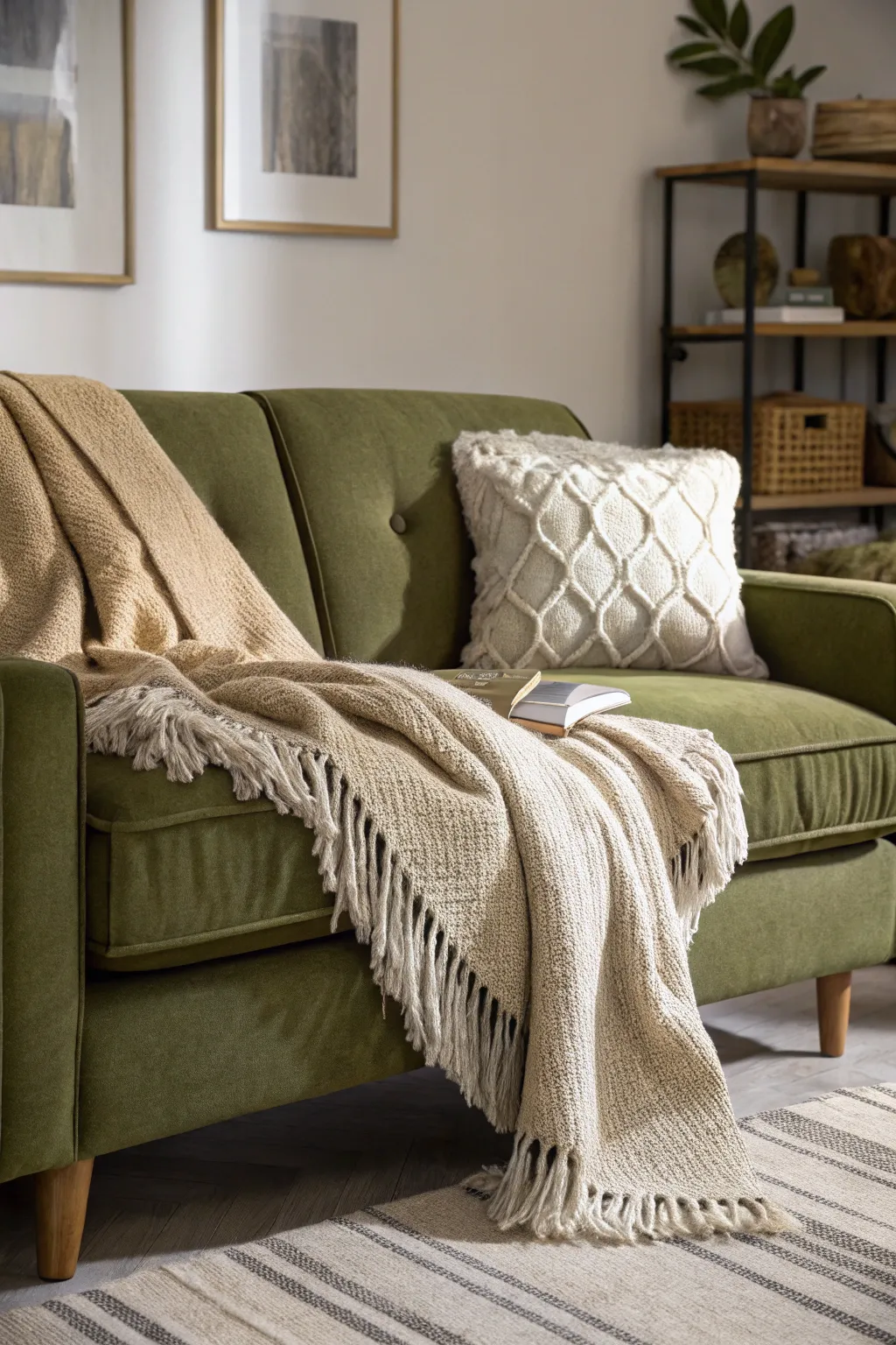 Olive green sofa layered with cream and taupe throws for a cozy, natural look
