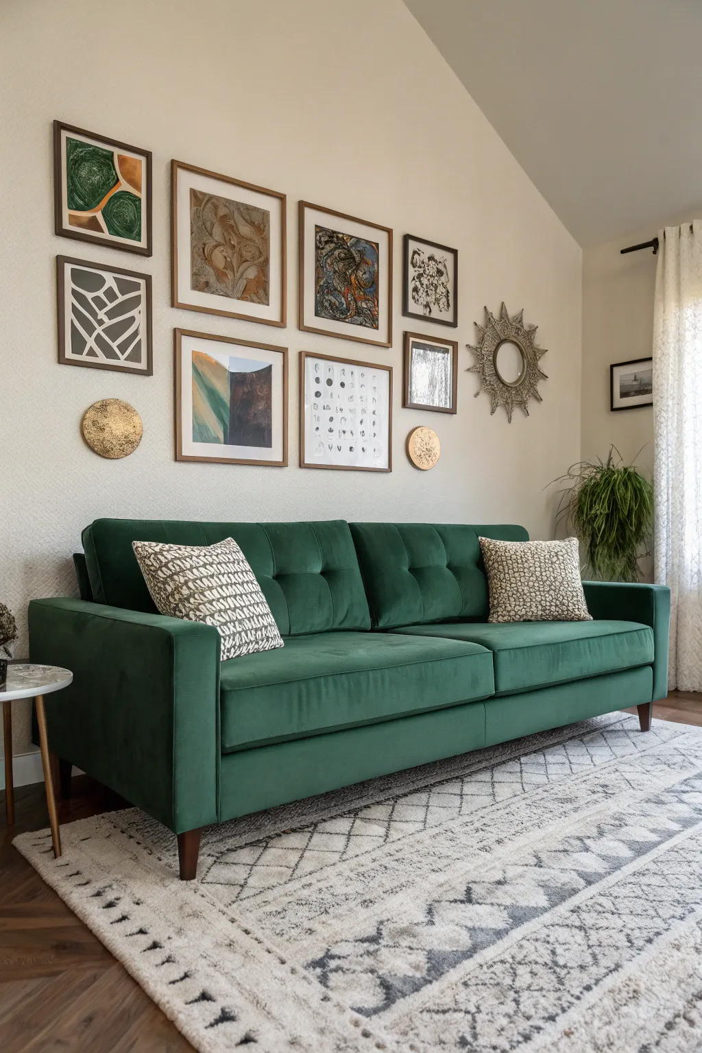 Forest green couch with abstract wall art and a textured rug in a modern living room