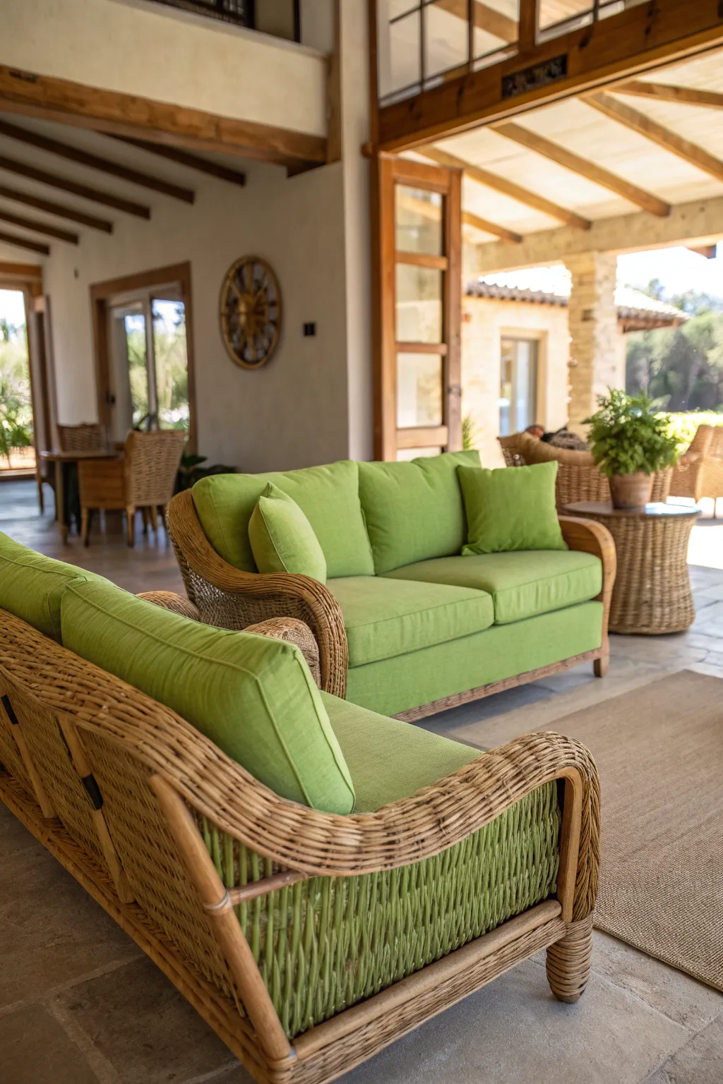 Bright green sofa with rattan armchairs in a sunlit, open living space