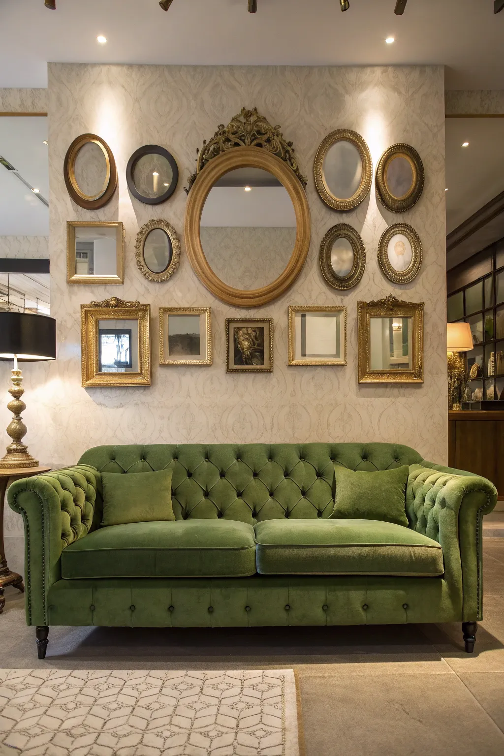 Green velvet sofa under a collection of vintage mirrors with warm reflective lighting