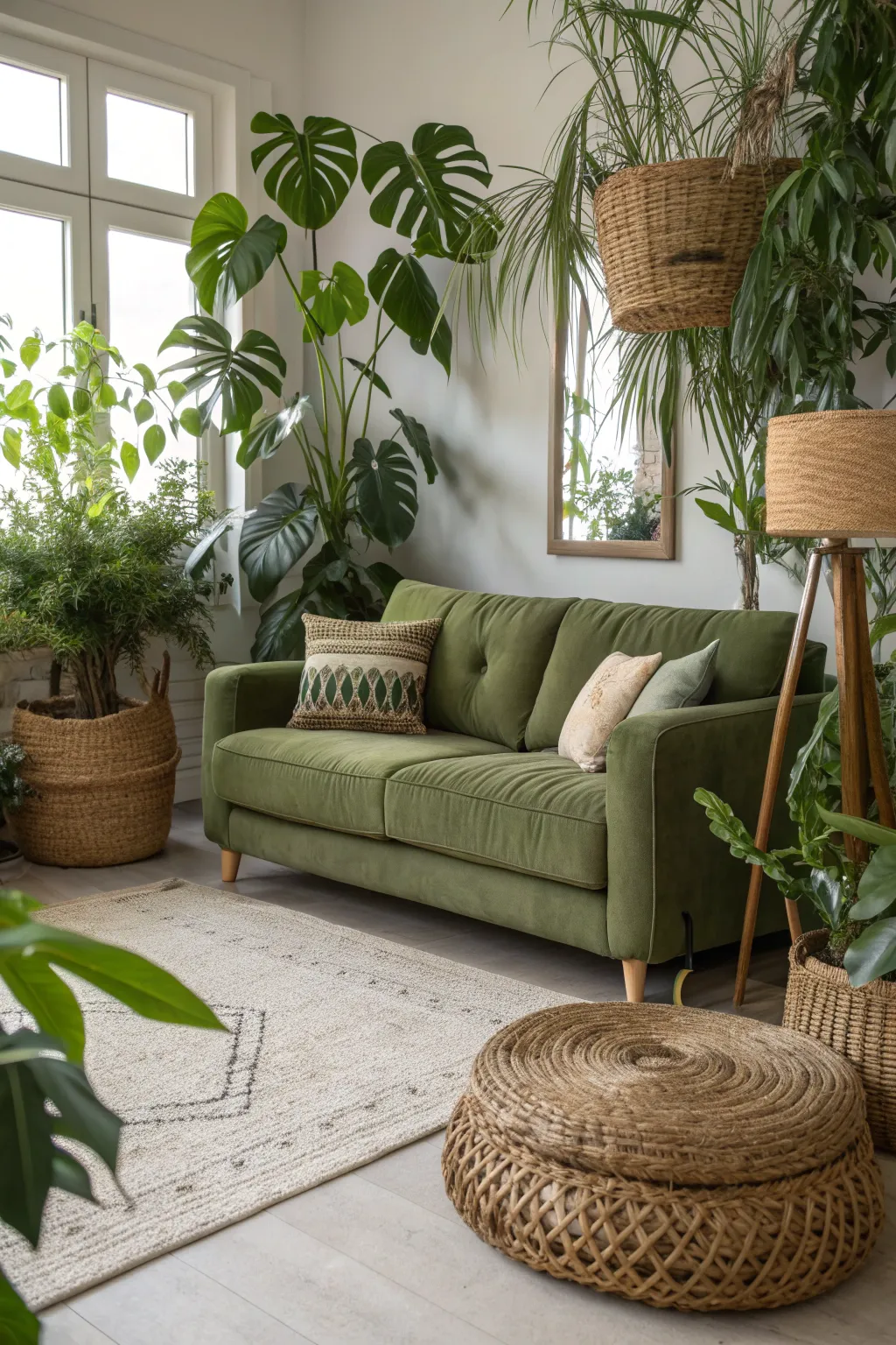 Olive green sofa framed by large leafy indoor plants for a calm, natural feel