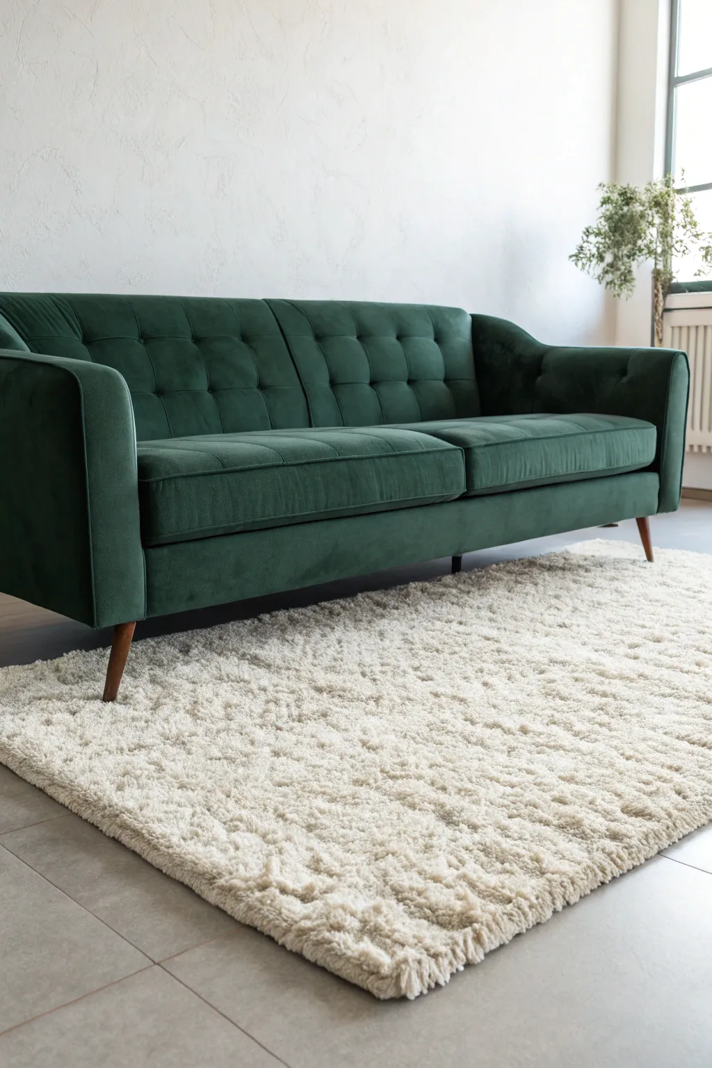 Dark green sofa with a soft, light wool rug creating balanced texture in a minimalist room