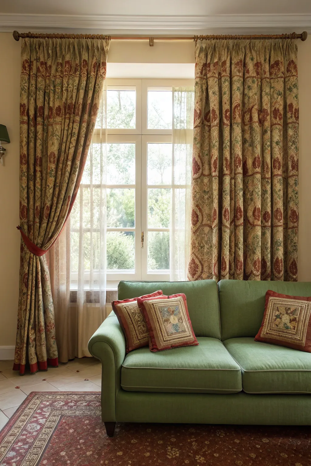 Green couch with earth-toned patterned curtains in a warm, softly lit interior