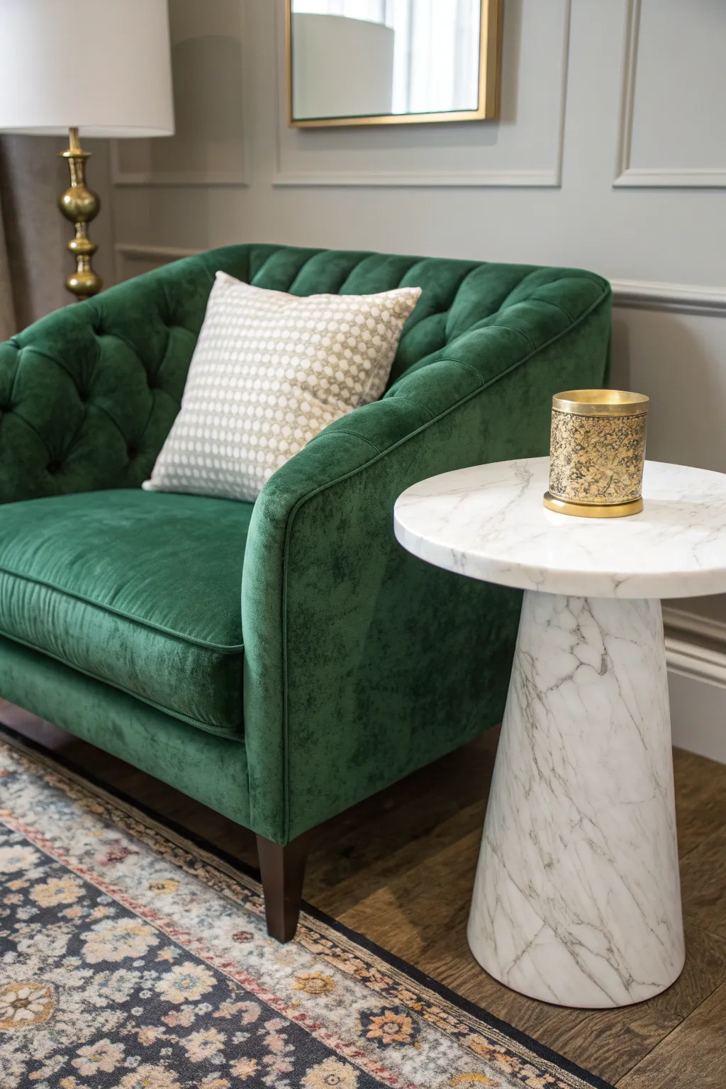 Green velvet loveseat beside a marble side table in a refined living room corner