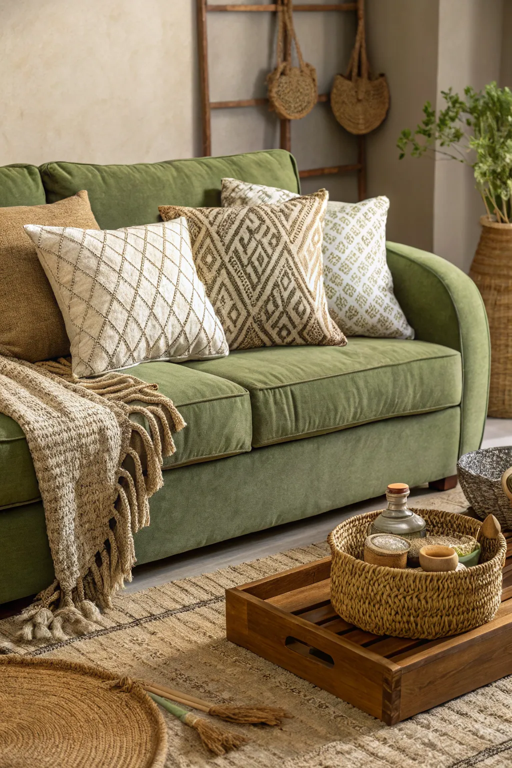 Moss green sofa with textured linen pillows and natural wooden accents