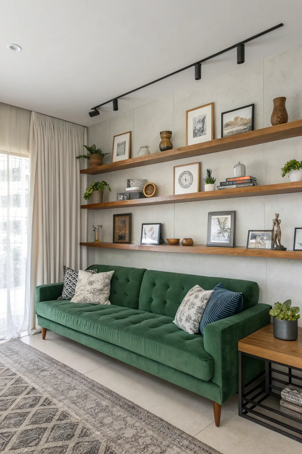 Green couch framed by floating wooden shelves with ceramics and art prints