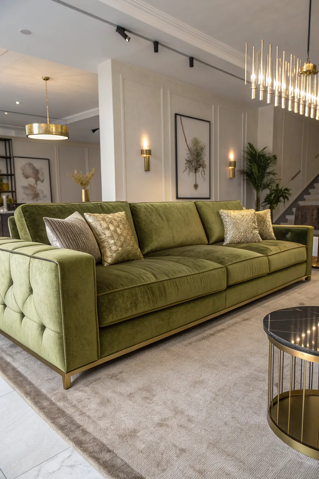Olive green sectional with brass mirrors and lighting adding warmth to a modern room