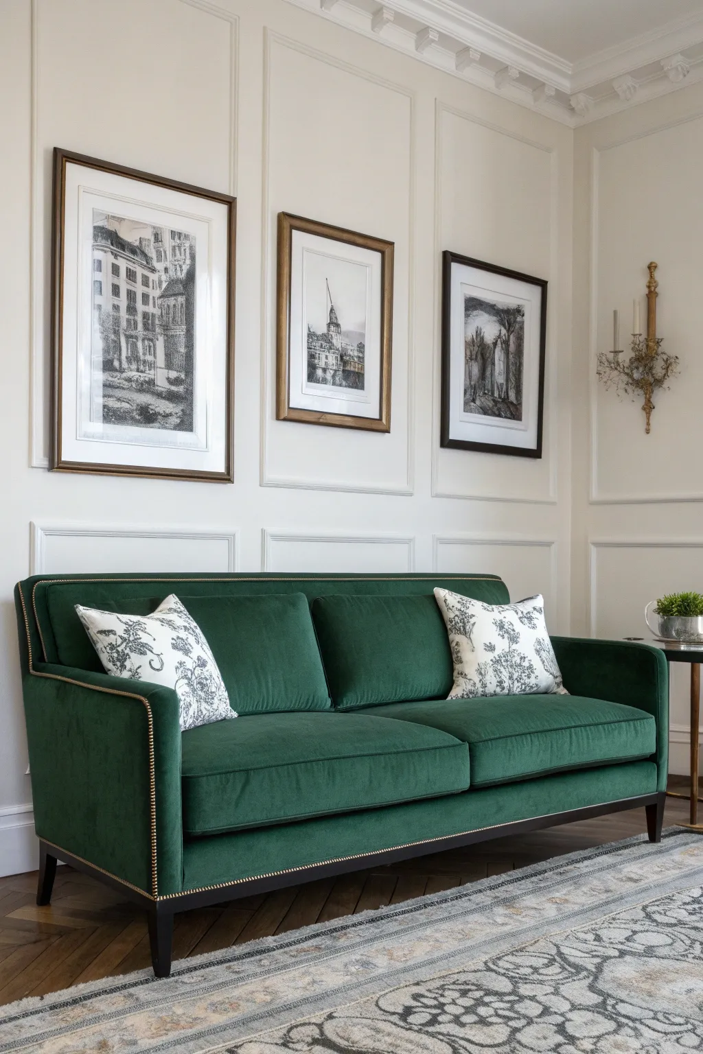 Hunter green sofa highlighted with black and white framed artwork for modern contrast
