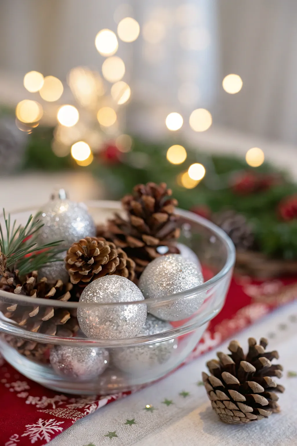 Glass bowl filled with ornaments and pinecones as a Christmas centerpiece.