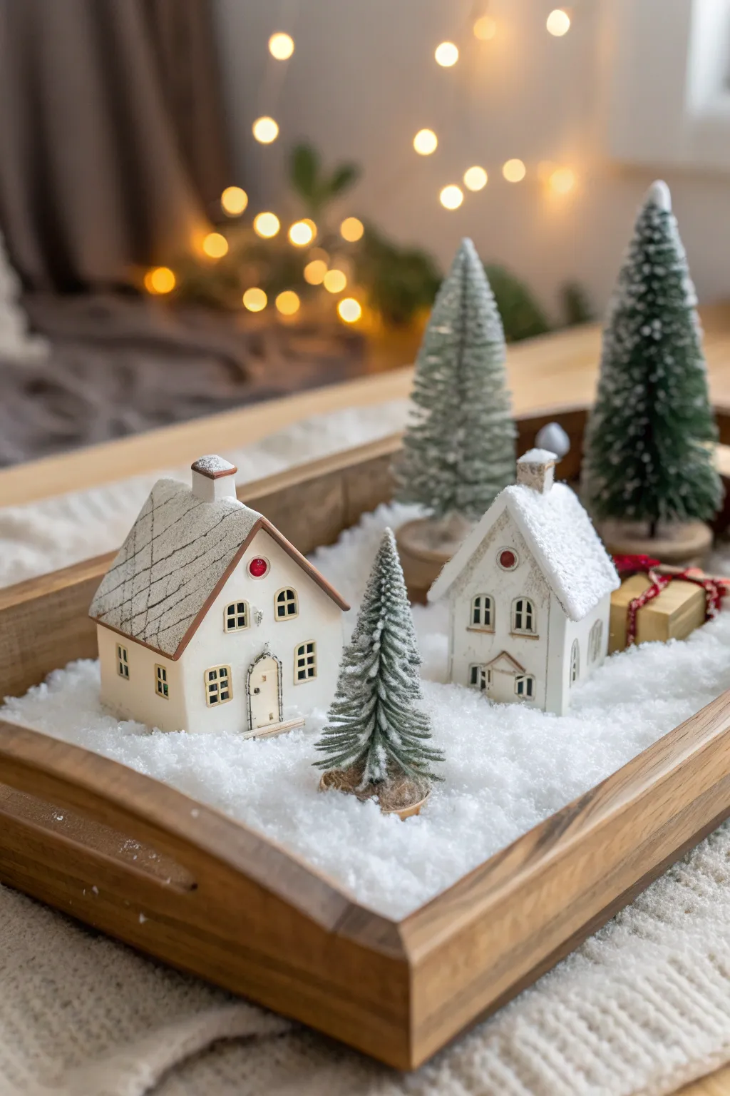 Mini Christmas village with houses and trees arranged on a wooden tray.