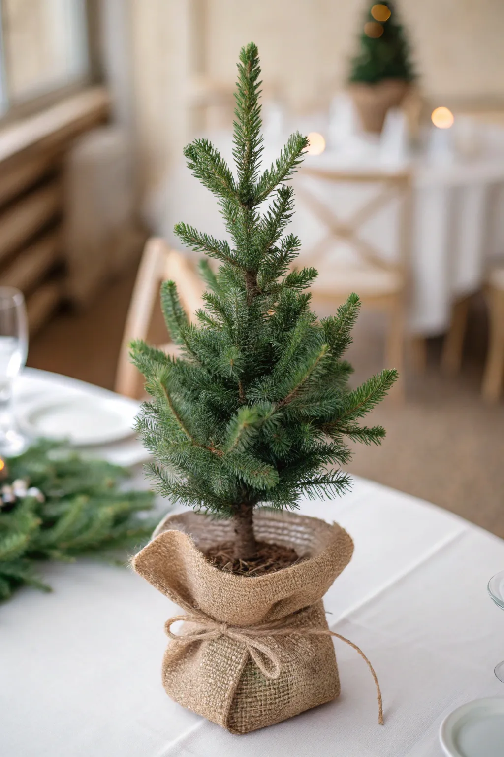 Small potted evergreen tree wrapped in burlap on a table.