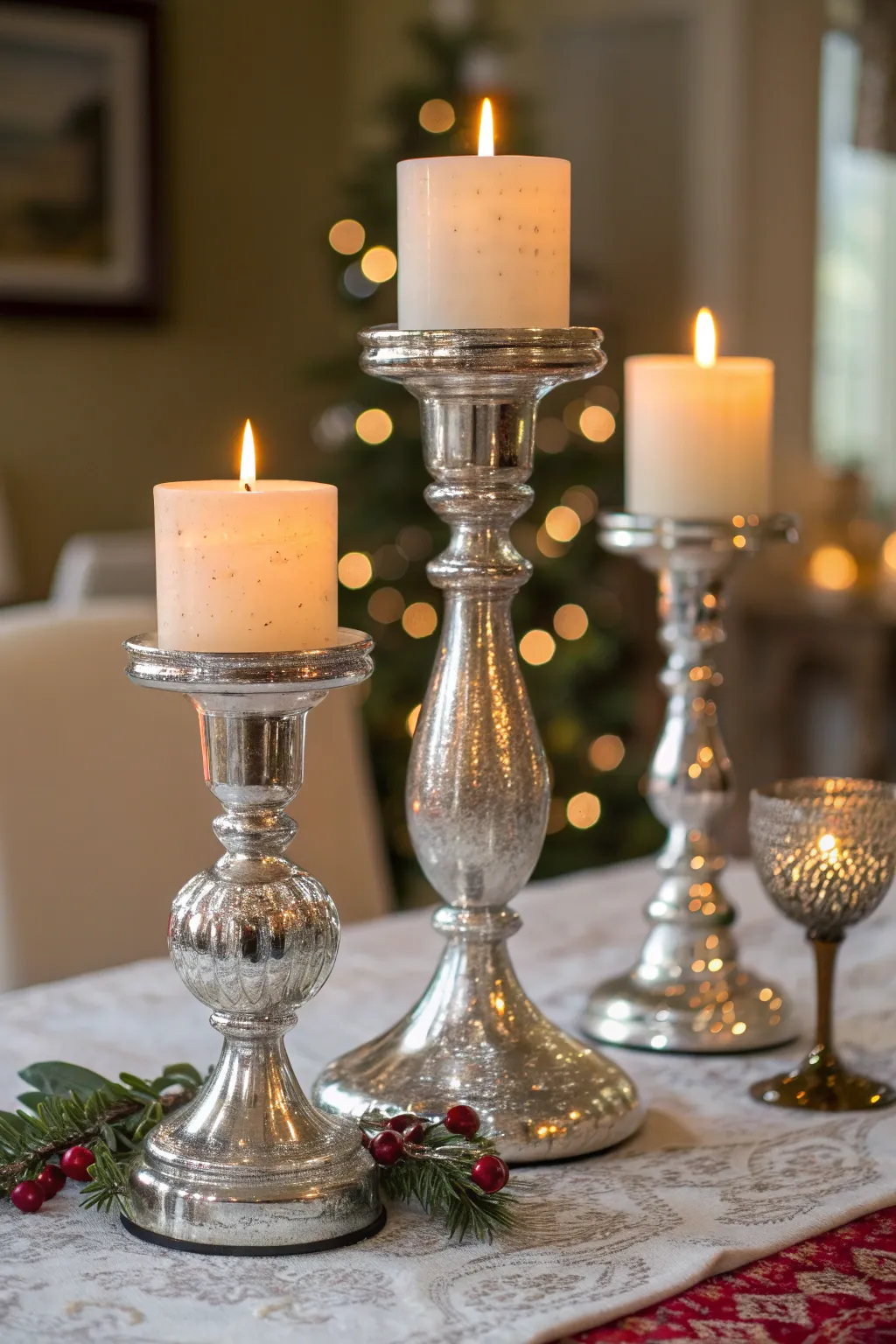 Cluster of mercury glass candle holders glowing warmly on a table.