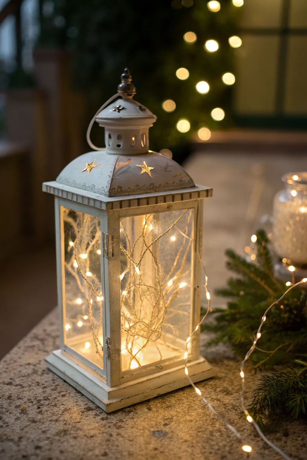 Decorative lantern filled with warm glowing string lights.
