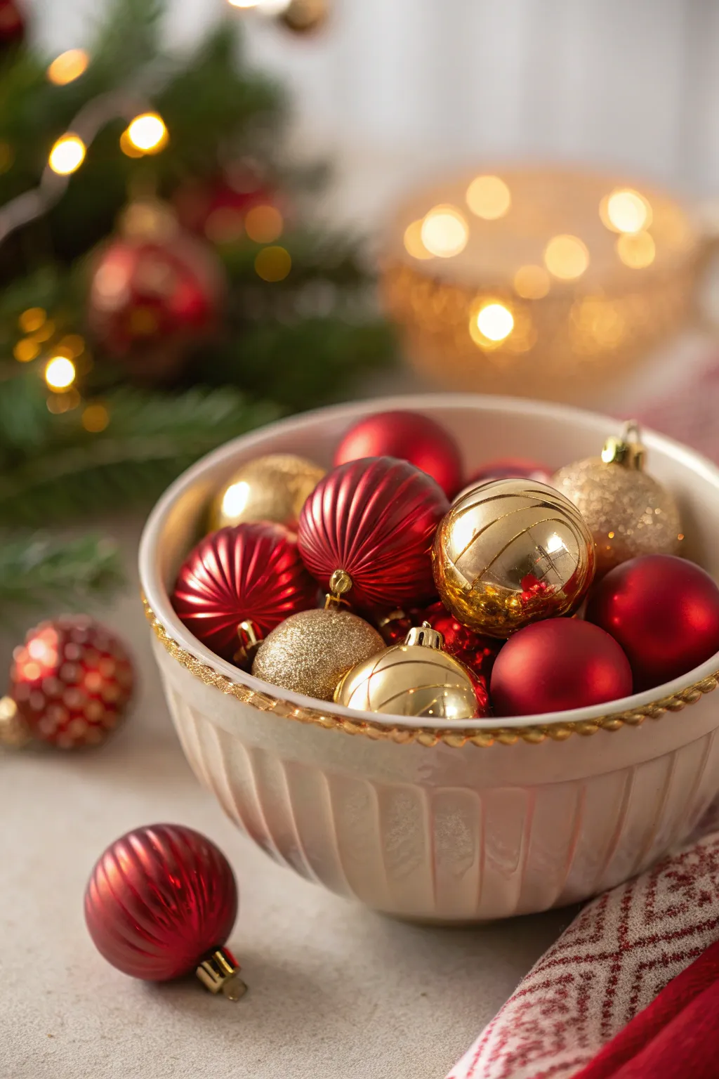 Ceramic bowl filled with red and gold Christmas baubles.