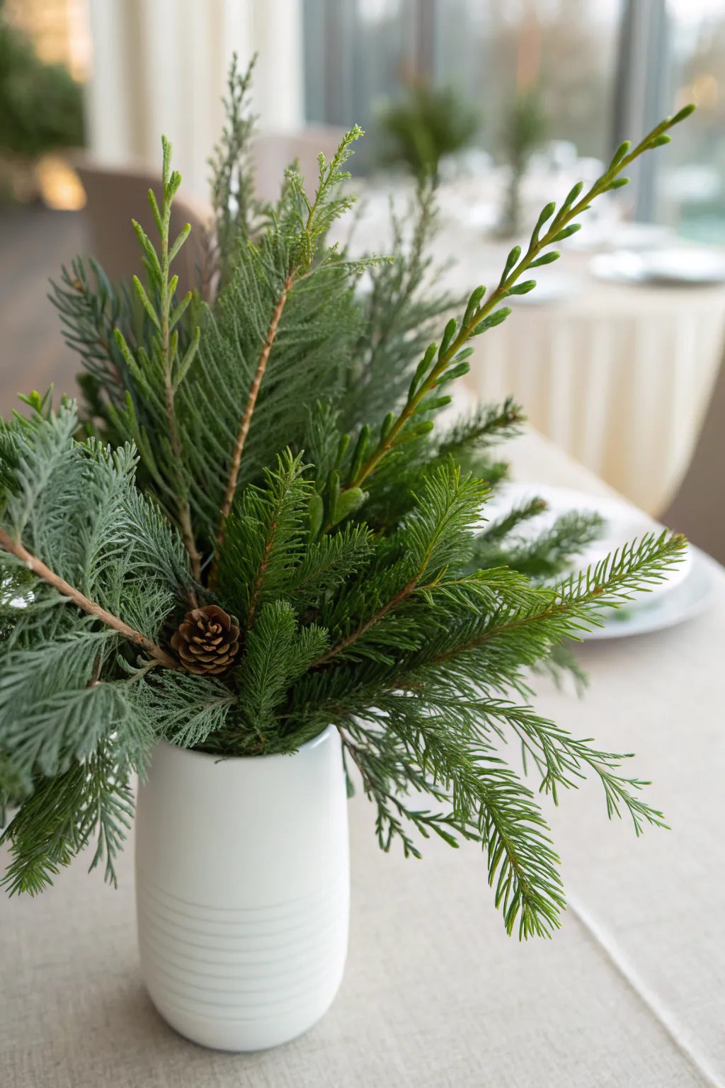 Minimal vase filled with fresh winter greenery on a table.