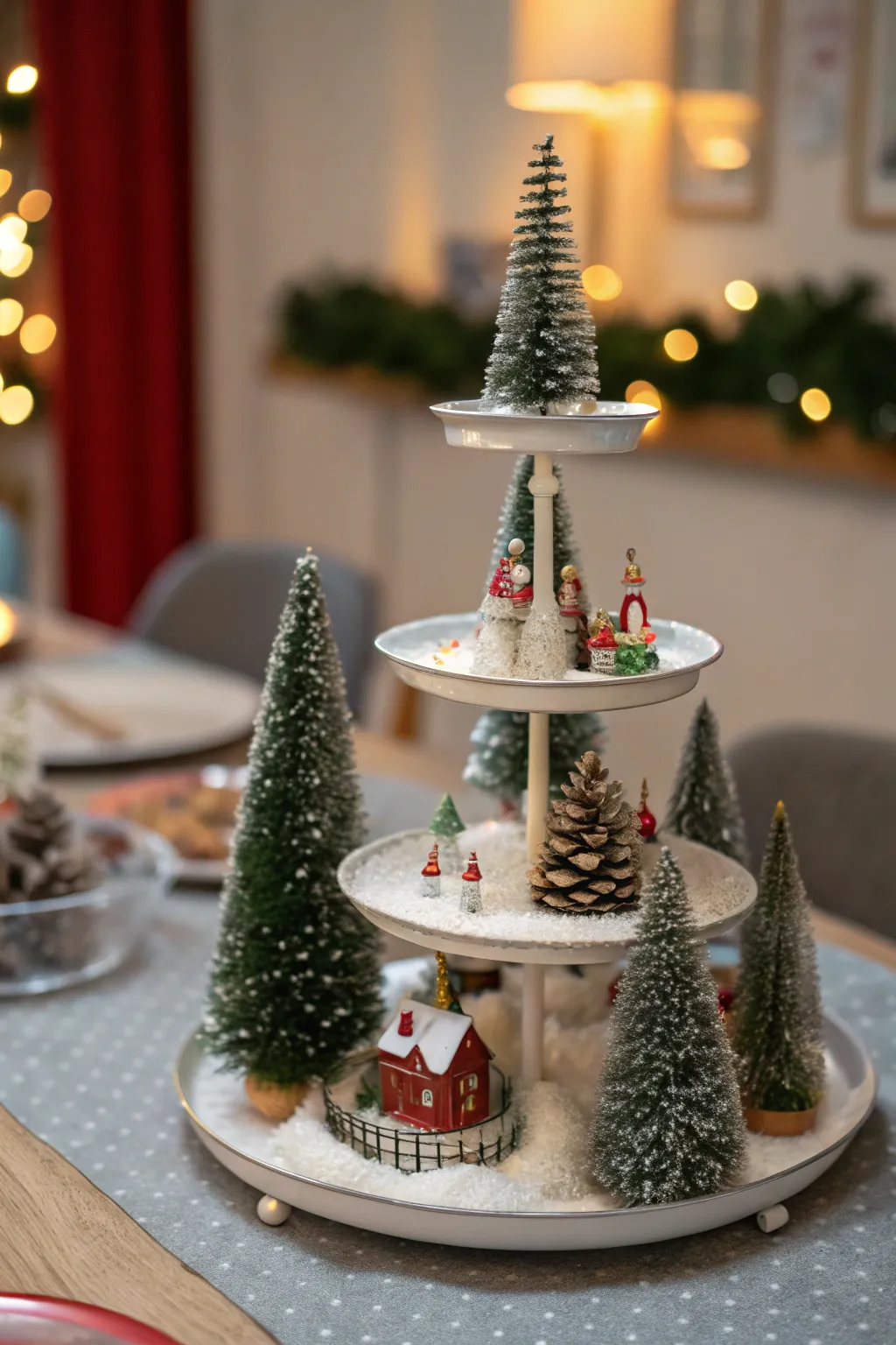 Tiered stand displaying small holiday figurines and bottle brush trees.