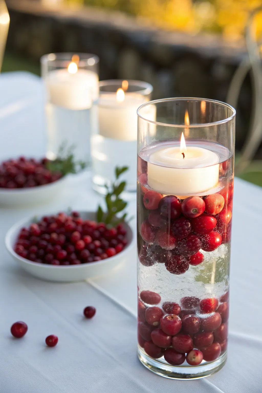 Tall vase with cranberries and floating candles in water.