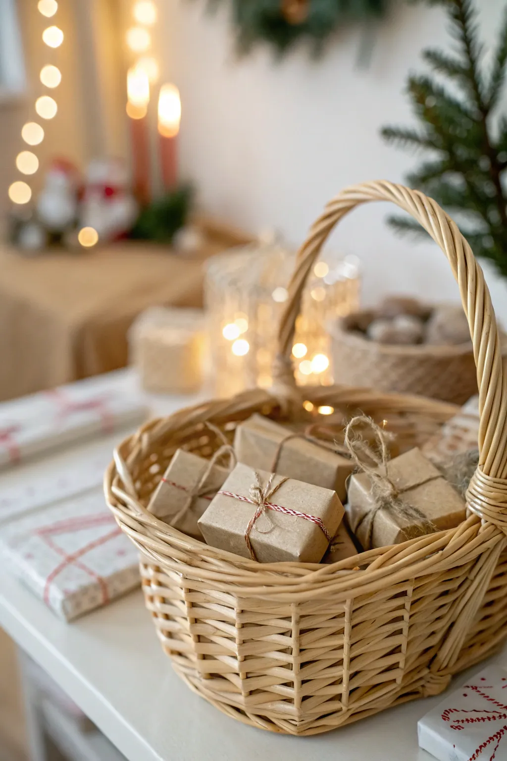 Woven basket filled with small wrapped faux gifts tied with twine.