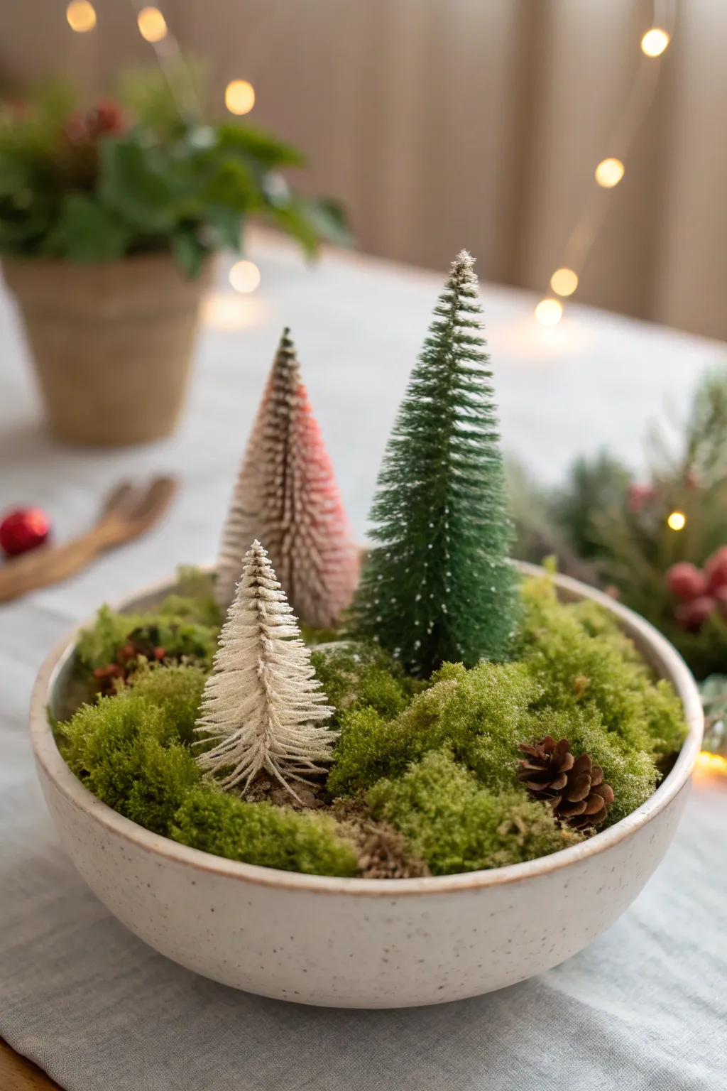 Ceramic bowl holding moss and small bottle brush trees.