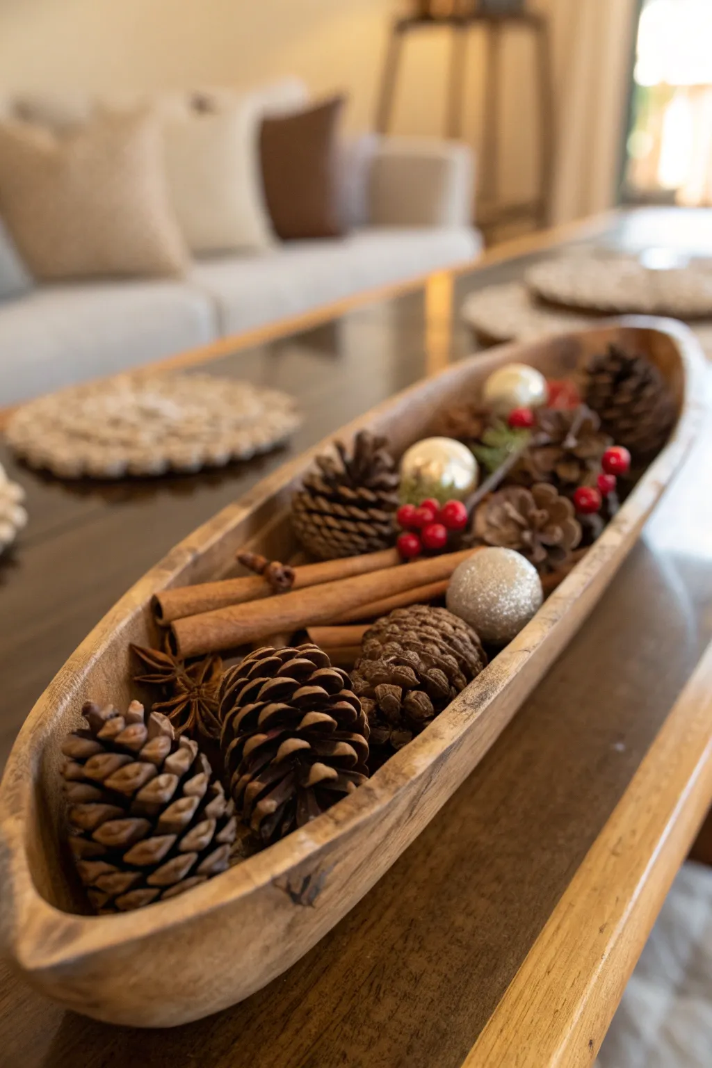 Wooden dough bowl filled with pinecones, cinnamon, and ornaments.