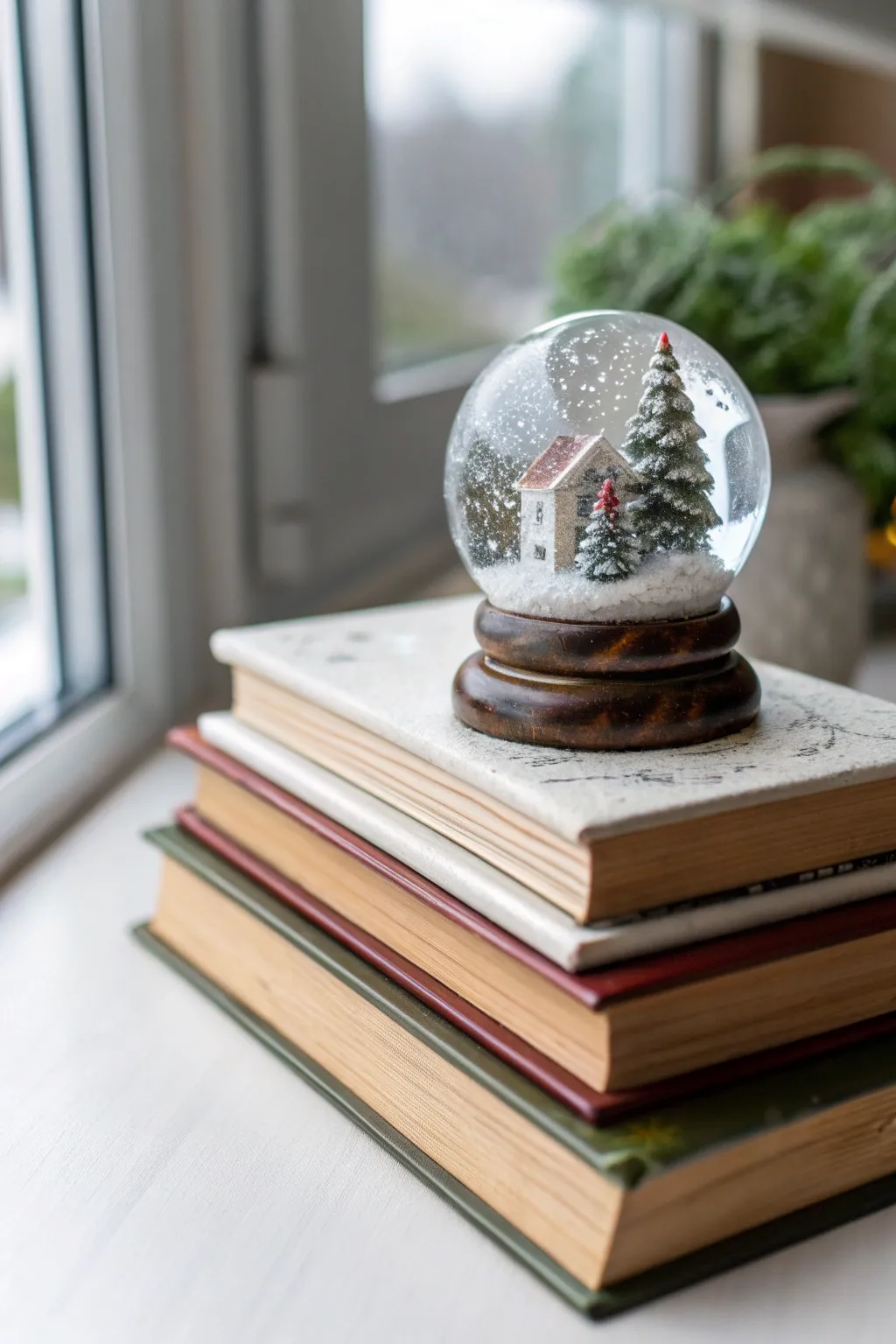Snow globe displayed on stacked coffee table books.