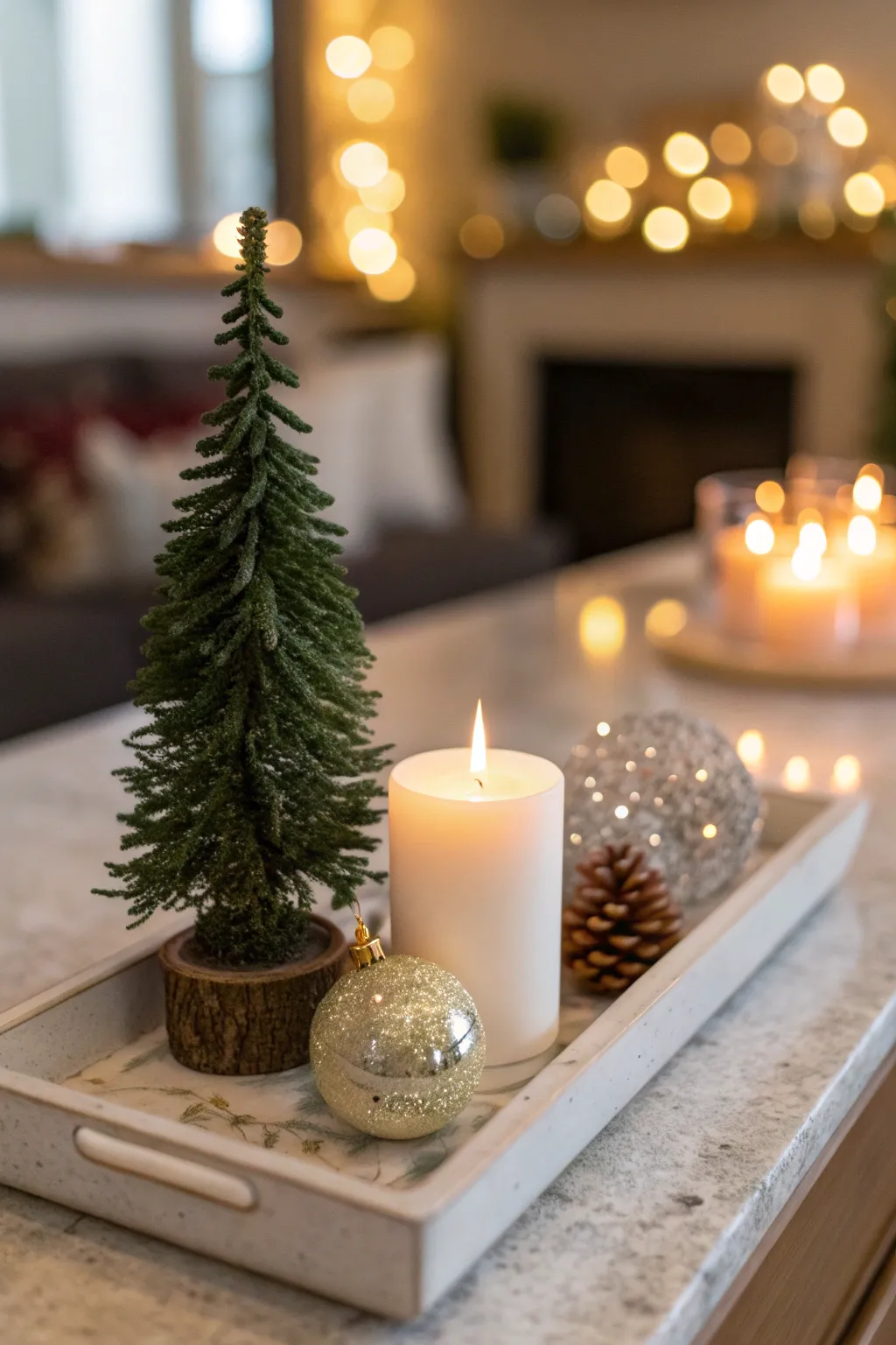 Tray holding a candle, ornament, and small tree as a simple centerpiece.