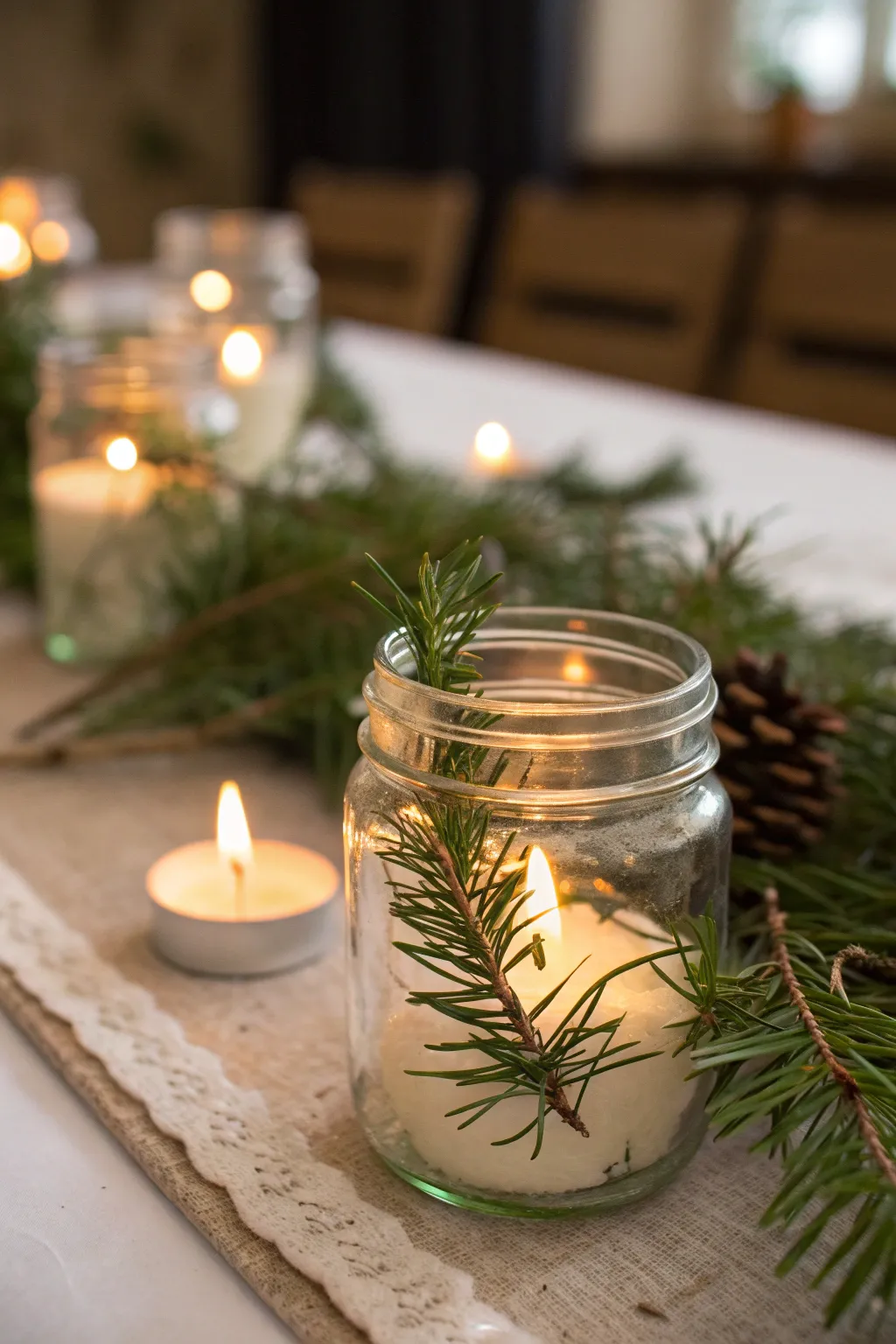 Mason jars filled with tea lights and evergreen sprigs.