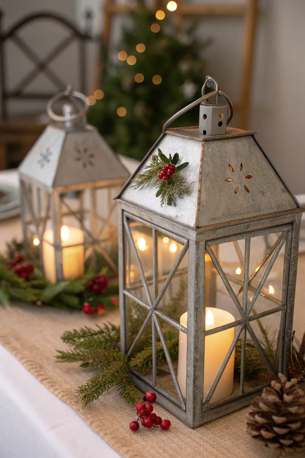 Metal house lanterns decorated with tiny wreaths and warm LED glow.