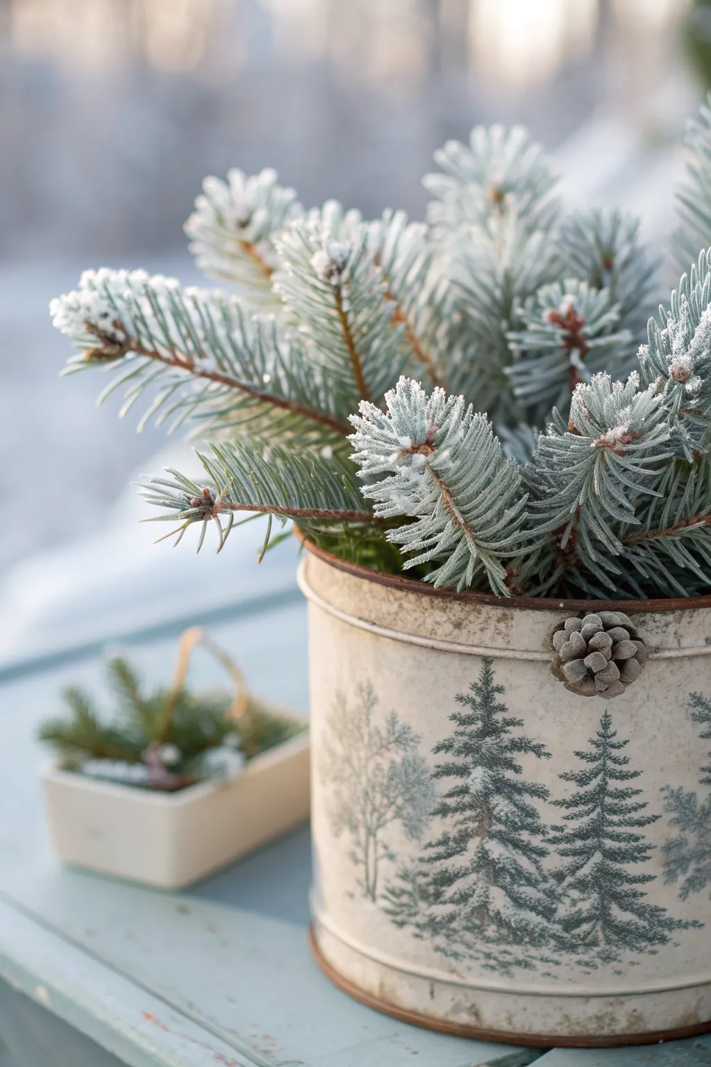 Vintage tin filled with frosted pine branches.