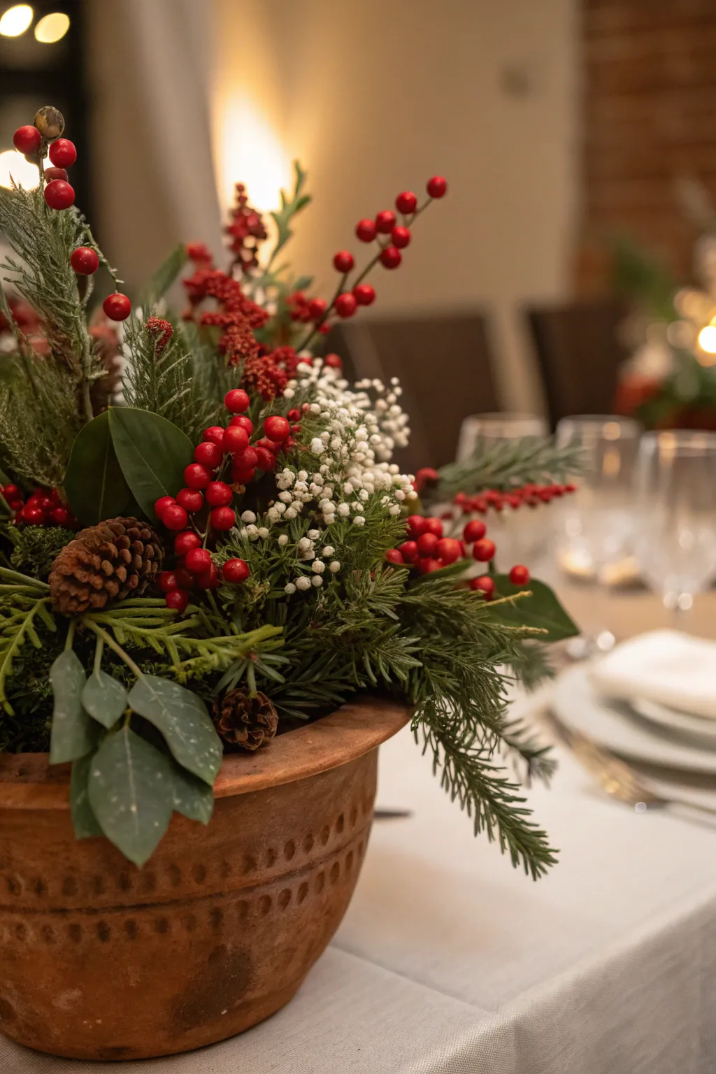 Clay pot containing a low arrangement of Christmas florals.