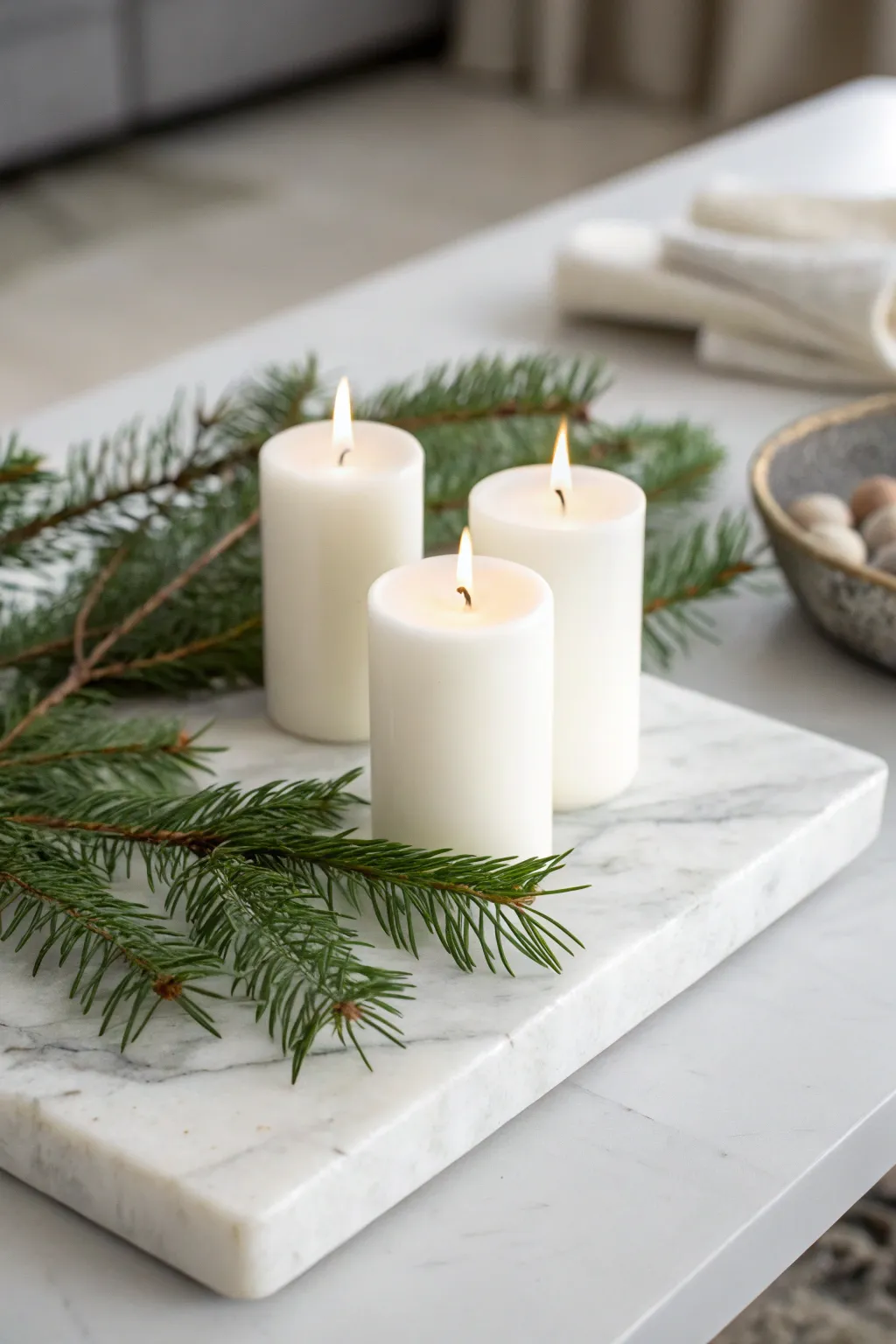 Minimalist white candles displayed on a marble board with a pine sprig.