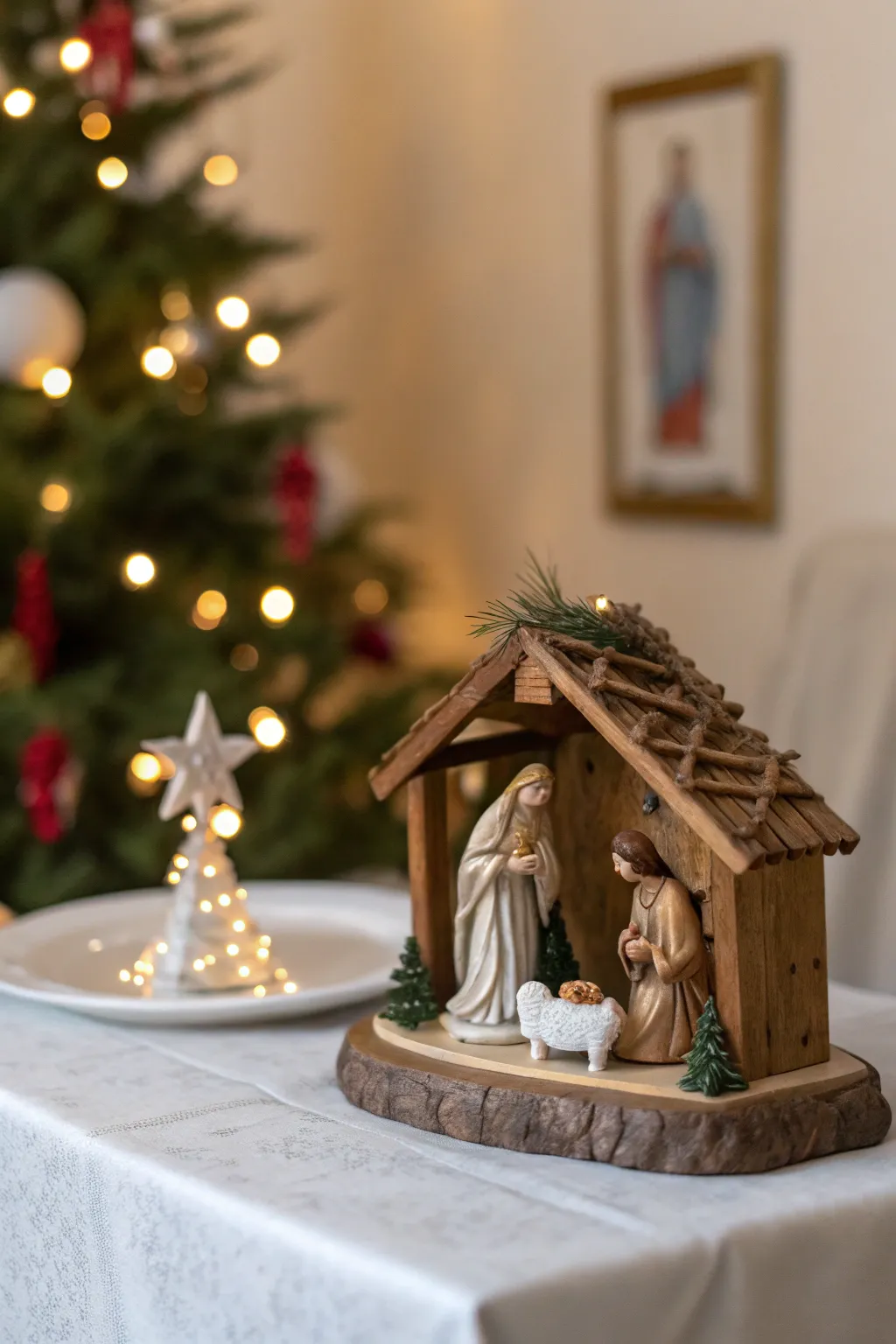 Small nativity scene arranged neatly on a tabletop stand.