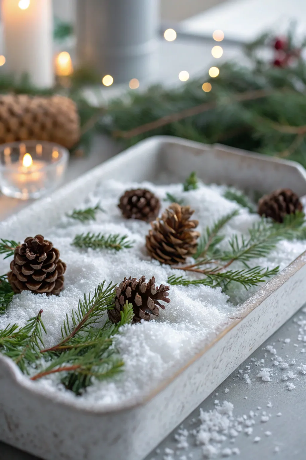 Tray filled with faux snow and evergreen picks as a holiday display.