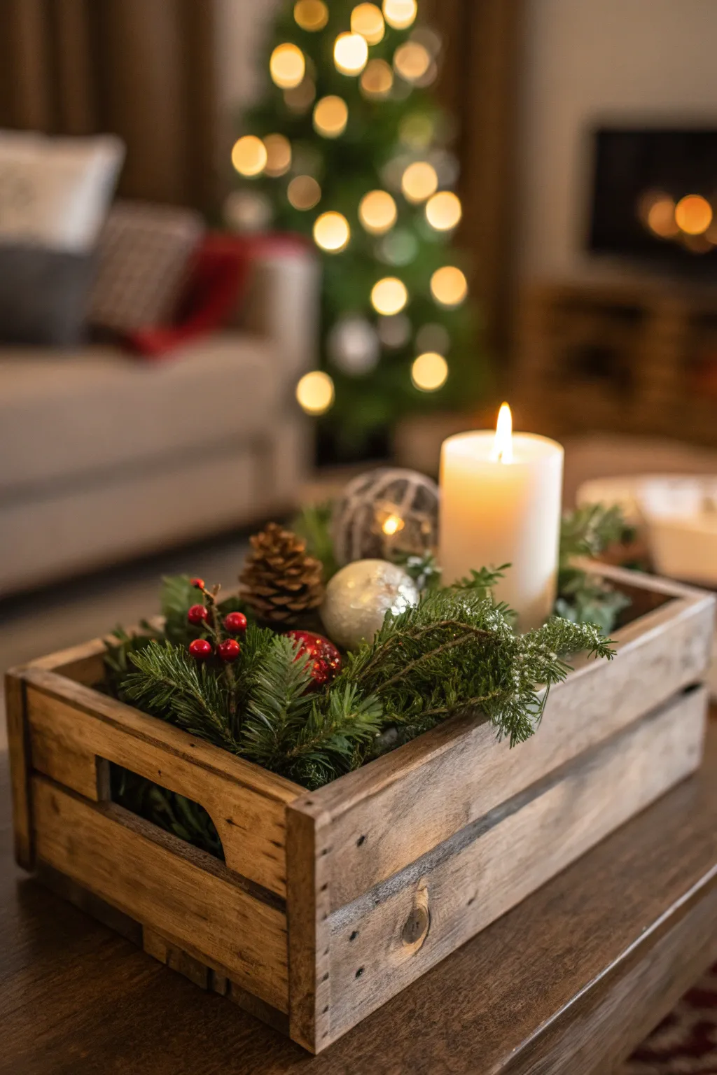 Rustic wooden crate filled with greenery, ornaments, and a candle.