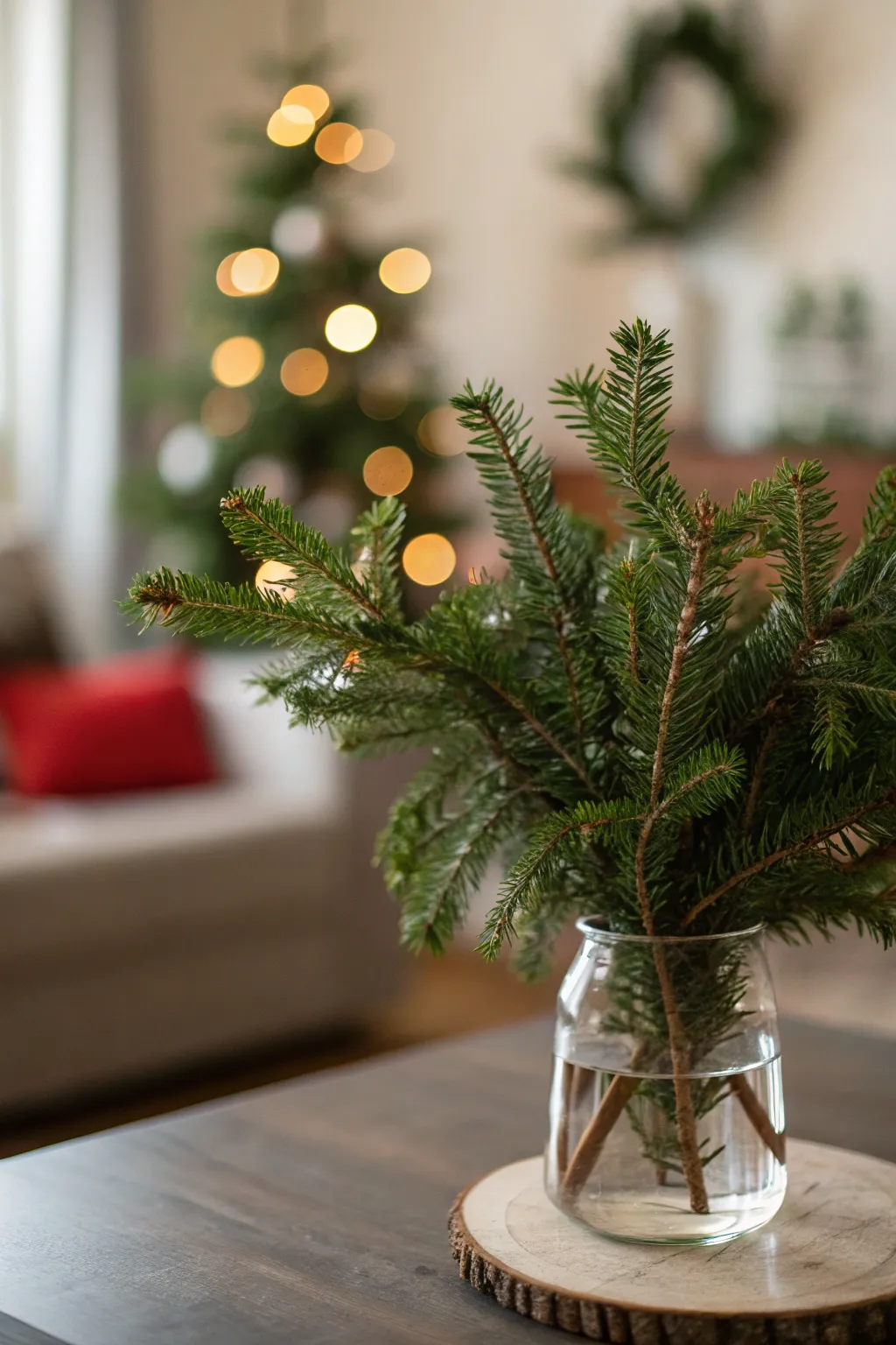 Short vase with trimmed evergreen branches on a tabletop in soft natural holiday lighting