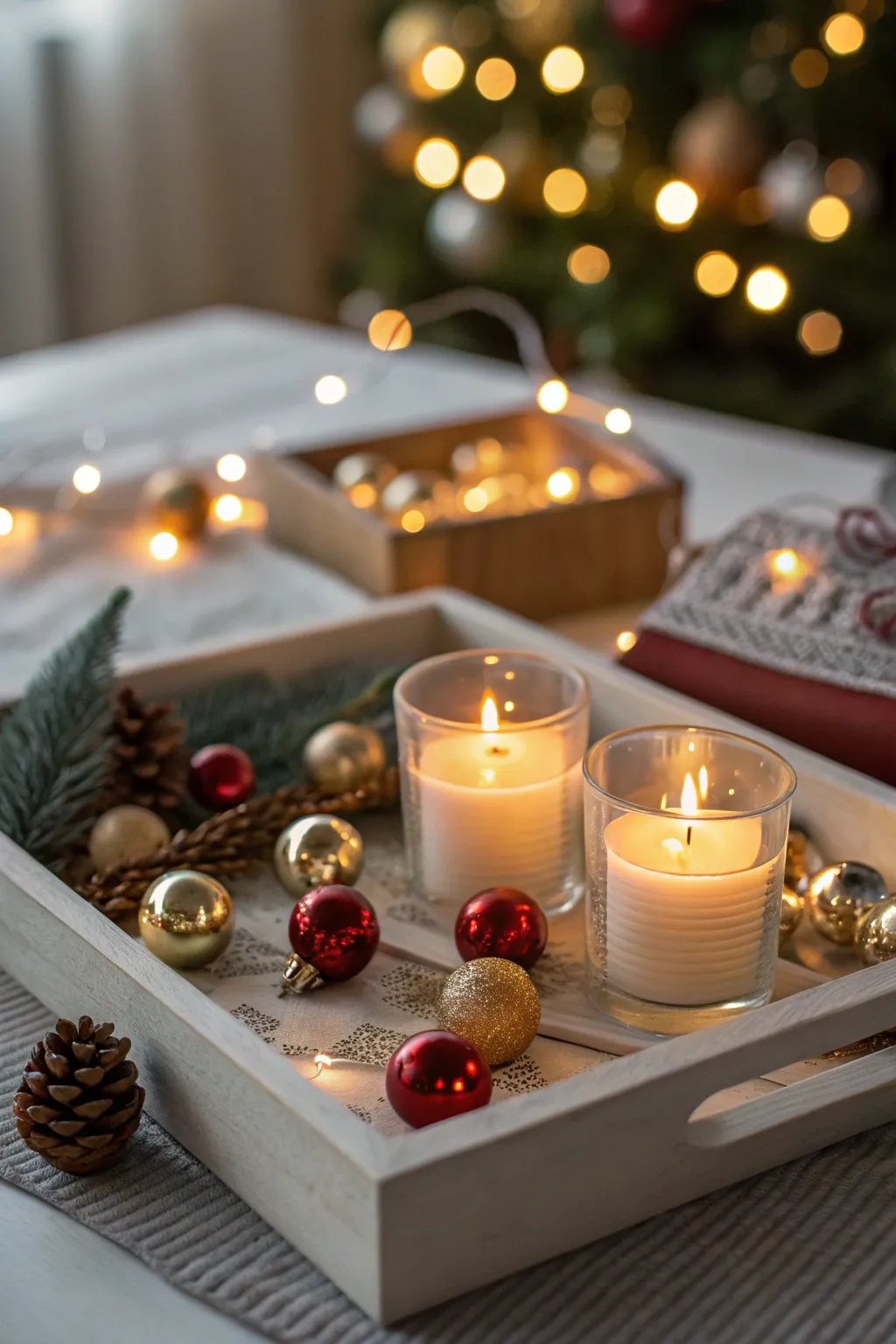 Tray with mini ornaments and glowing candles arranged in warm holiday lighting