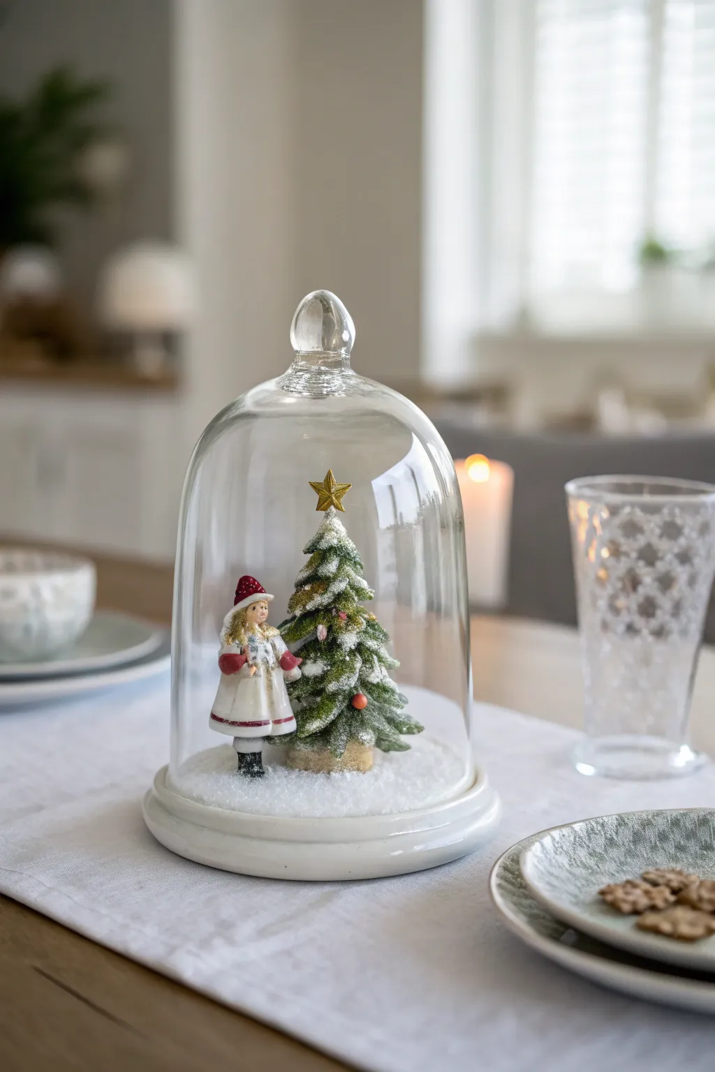 Glass cloche with a single Christmas figurine placed on a minimal holiday tabletop