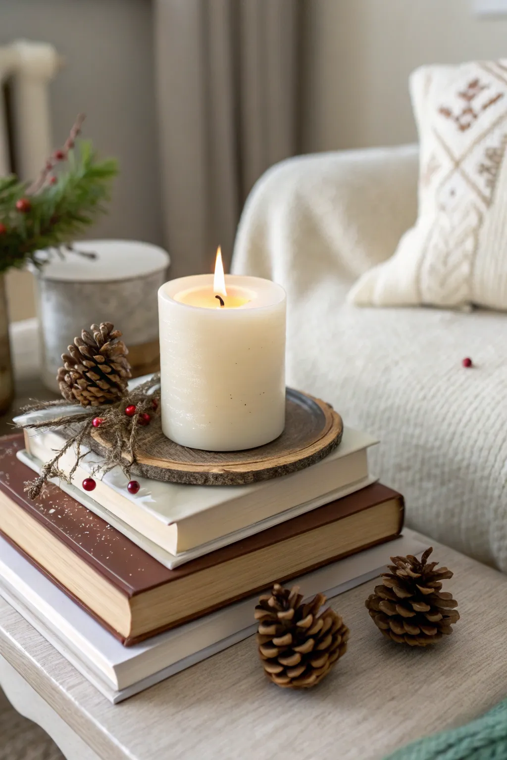 Winter candle placed on a stack of seasonally colored books on a tabletop